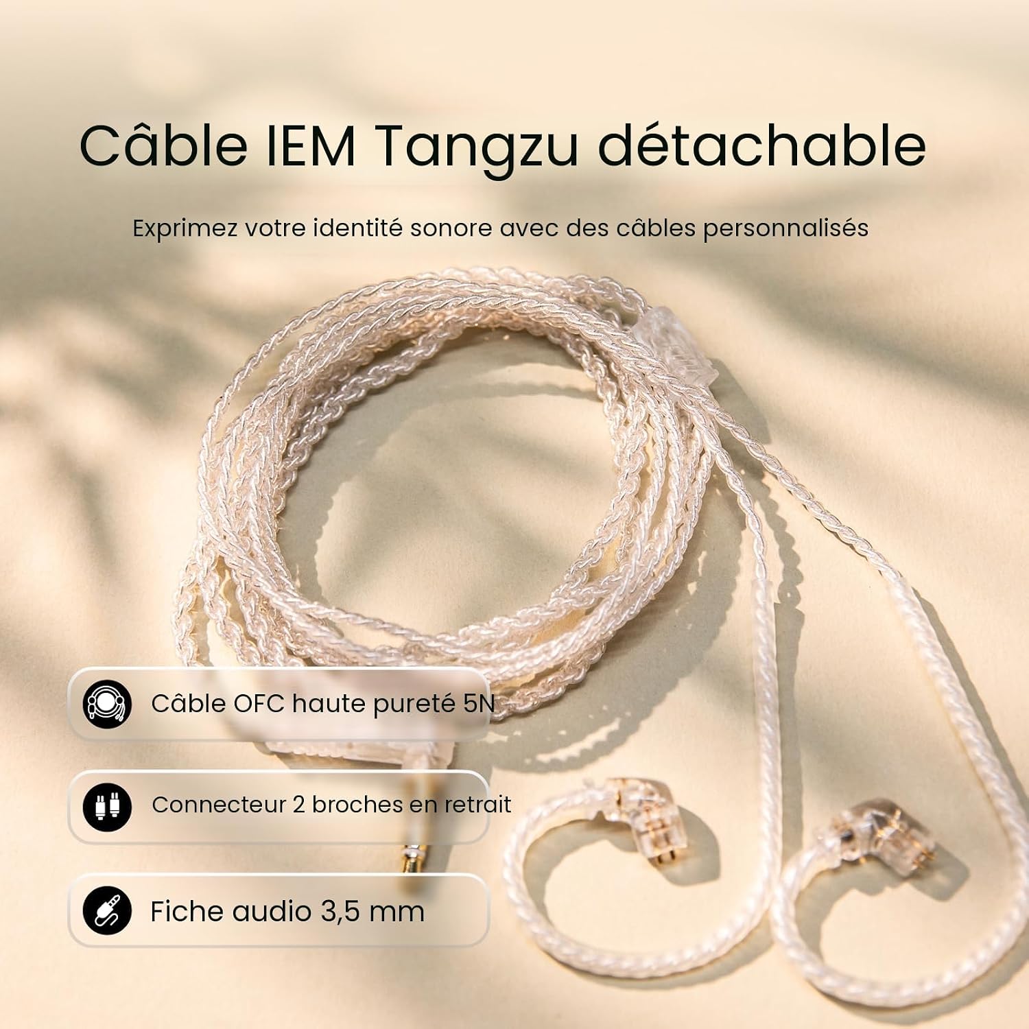 Detalle 2 de Linsoul TANGZU Wan'er S.G — écouteurs intra-auriculaires HiFi à diaphragme 10 mm, câble OFC détachable à 2 broches (blanc, sans micro)