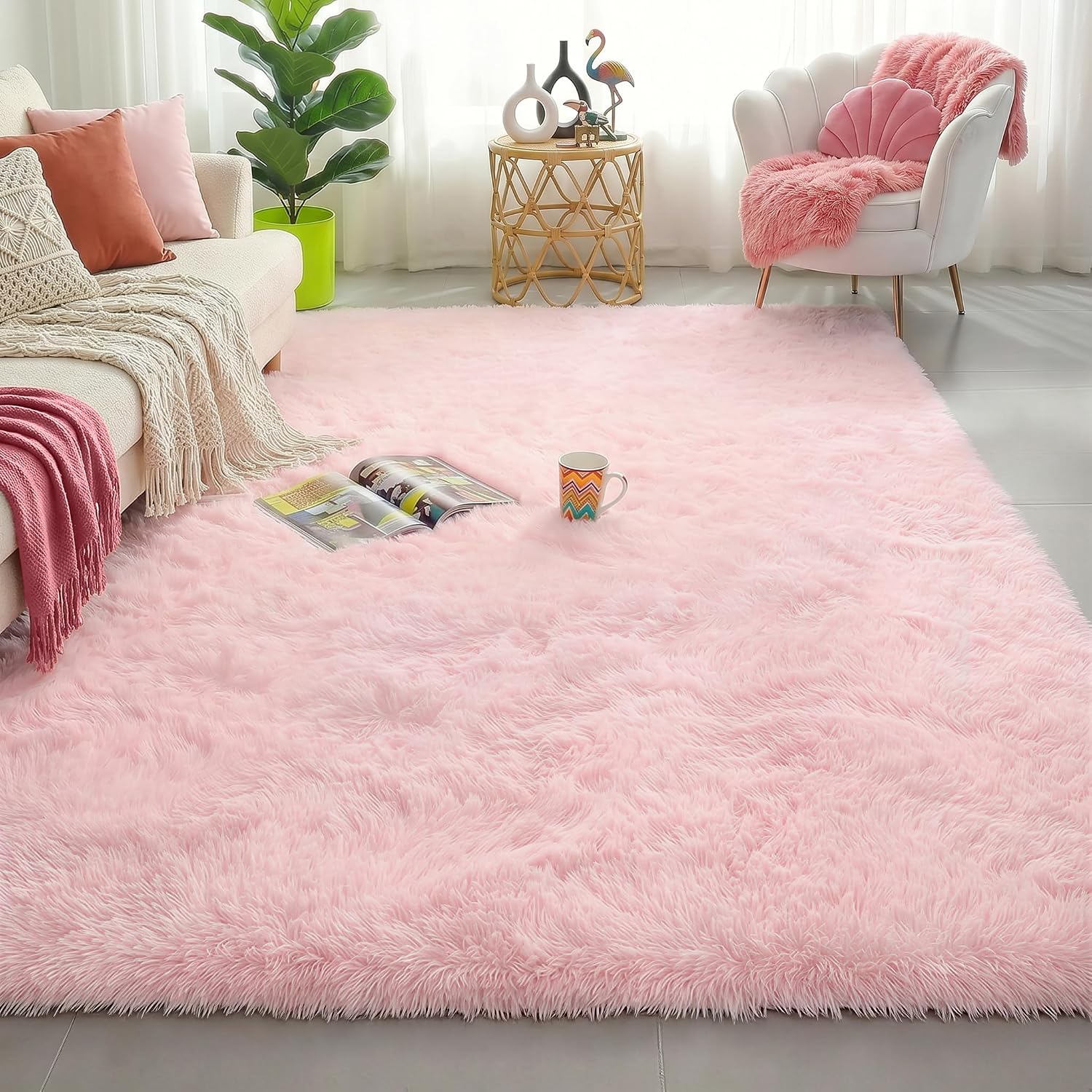 Detalle de Amdrebio 4x6 Pink Rug, Plush High-Pile Polyester Area Rug
