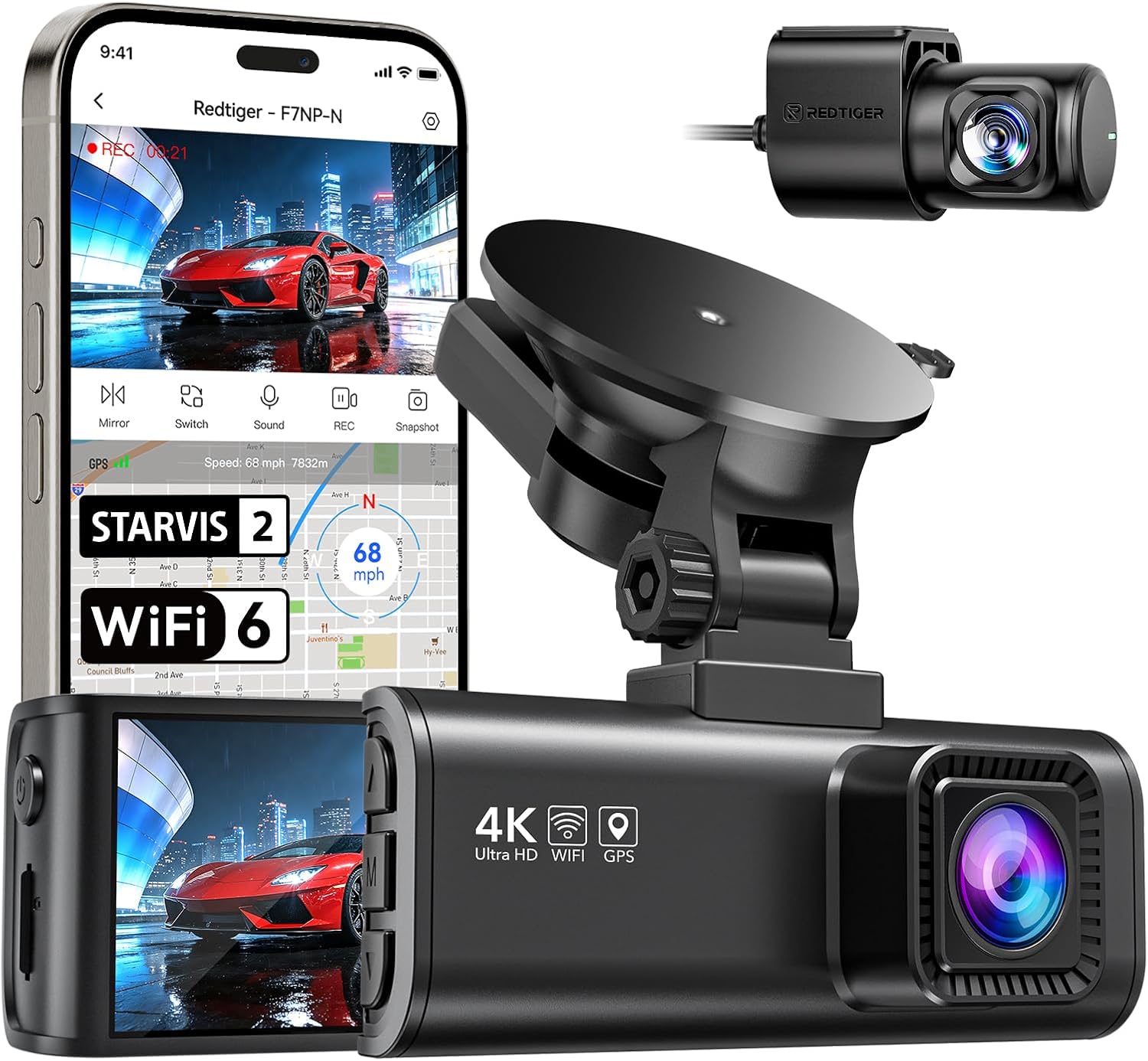 Detalle de REDTIGER Dash Cam 4K Front + 1080p Rear with STARVIS 2 Sensor, 170° Wide Angle, WiFi 5.8GHz, GPS, HDR/WDR, Parking Mode