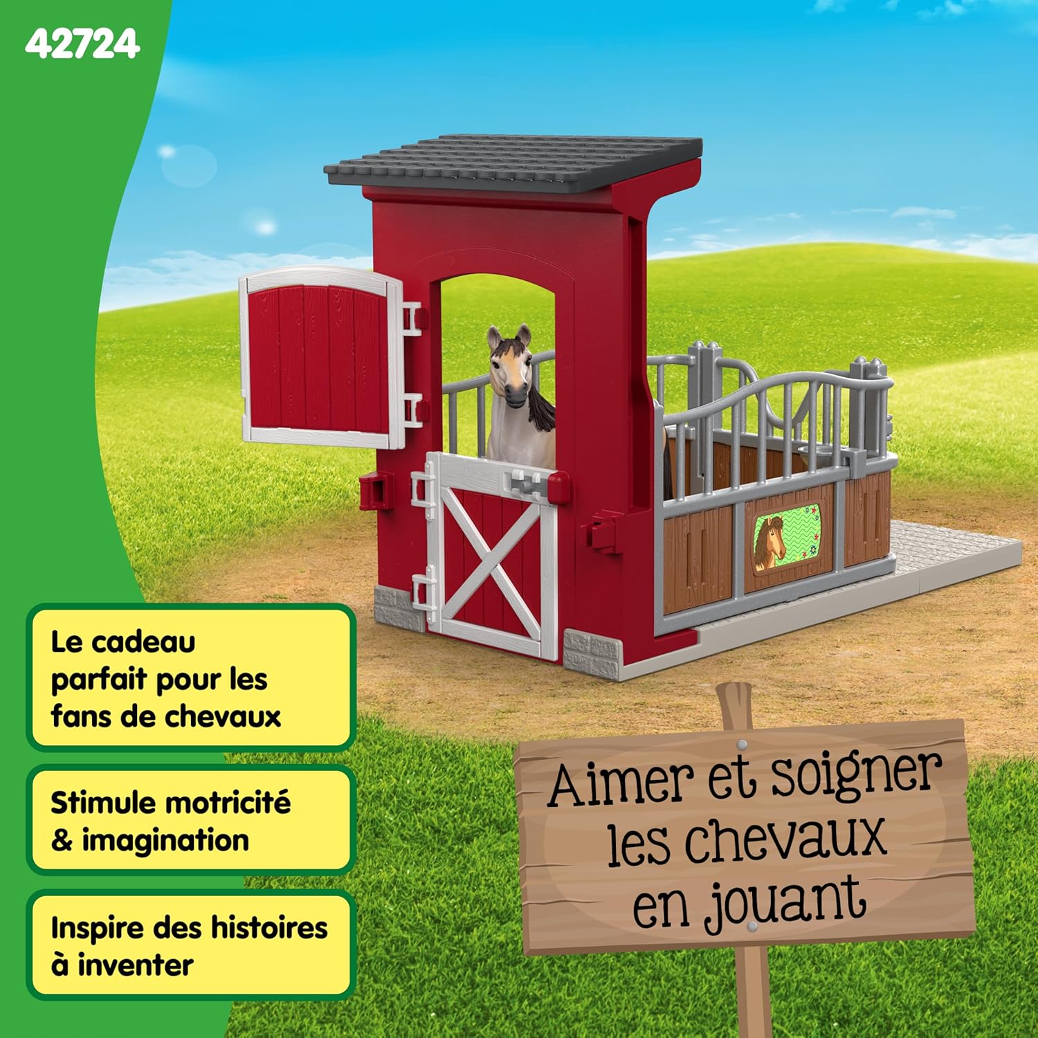 Detalle 2 de Schleich 42724 Coffret Farm World : box avec jument Mustang (dès 3 ans), 19 pièces