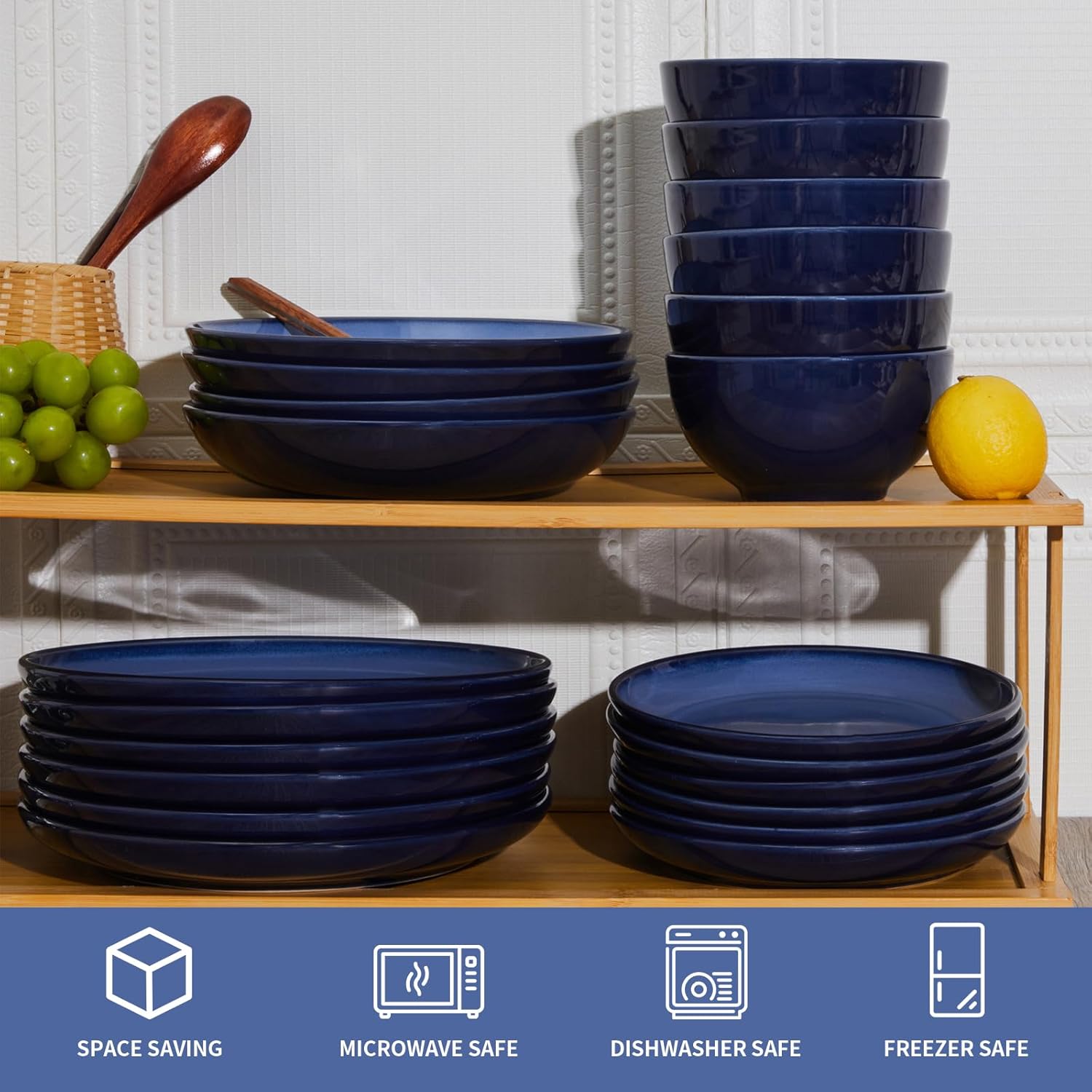 Thumbnail 6 de Pokini Blue Stoneware Dinnerware Set, 12 pcs — Reactive Glaze Plates & Bowls for 4