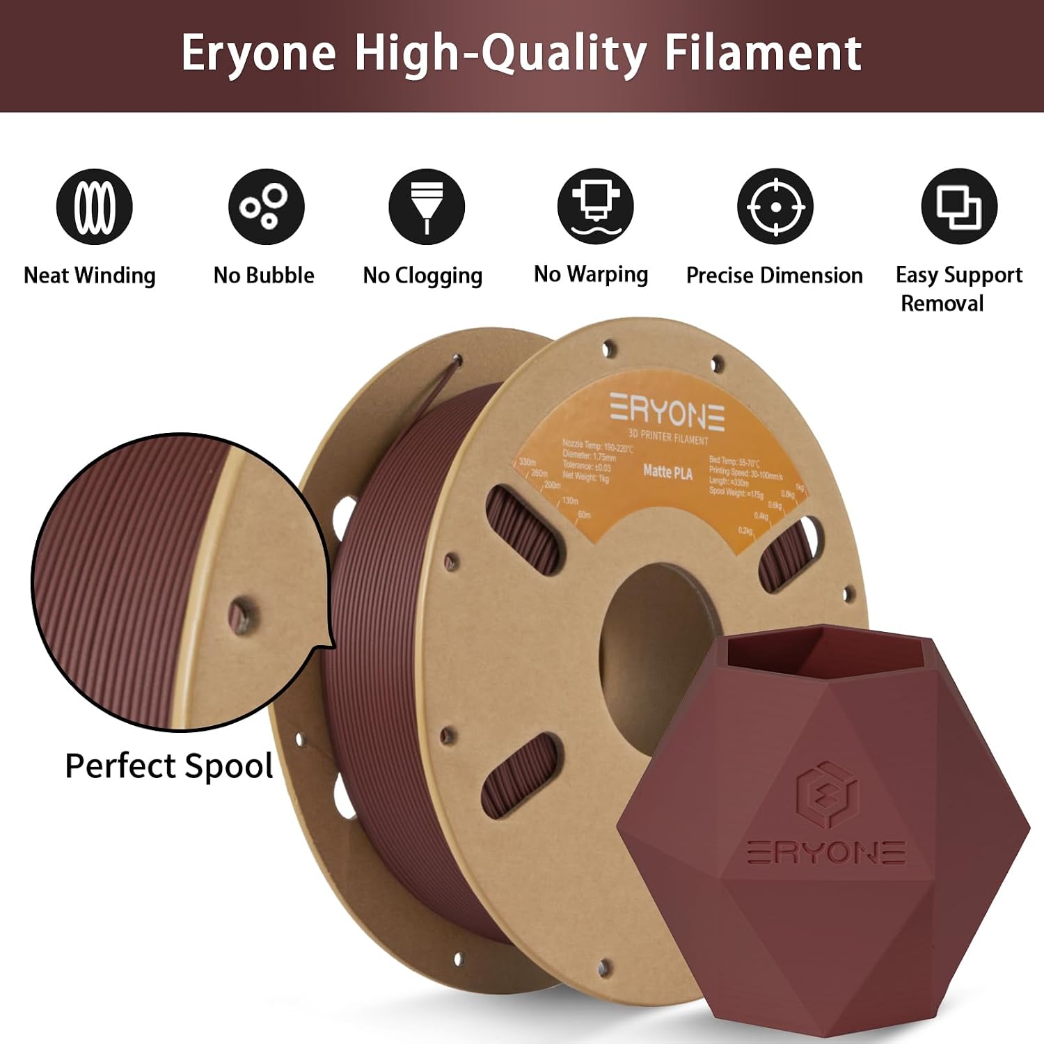 Detalle de ERYONE PLA Filament 1.75mm, Matte Ruby Red 🎨 1kg