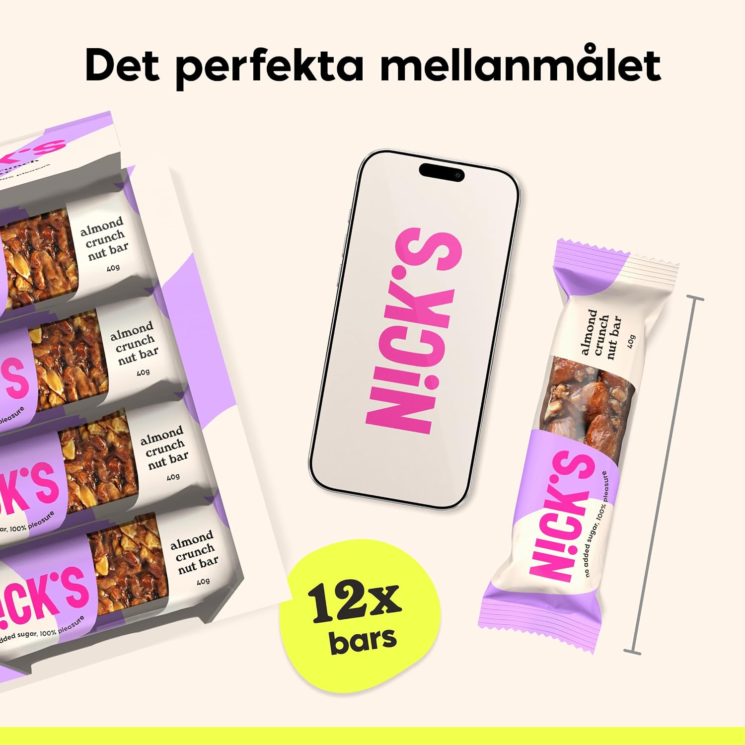 Thumbnail 6 de N!CK'S Almond crunch vegansk nötbar med 41 % mandel, ketochoklad och 12 x 40 g