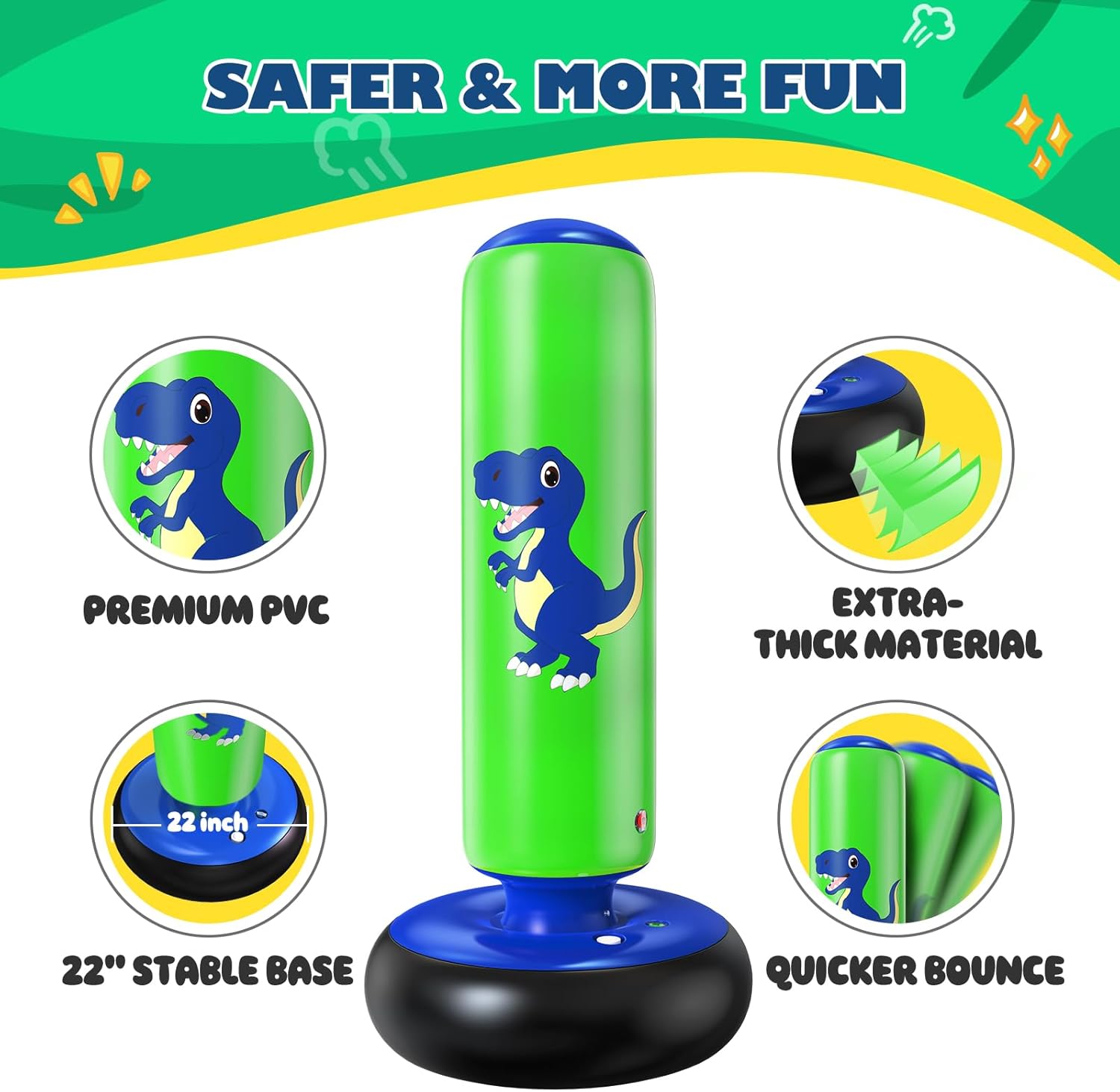 Thumbnail 5 de QPAU Inflatable Kids Punching Bag (66 inch) with Dinosaur Boxing Gloves – training toy for ages 3–8