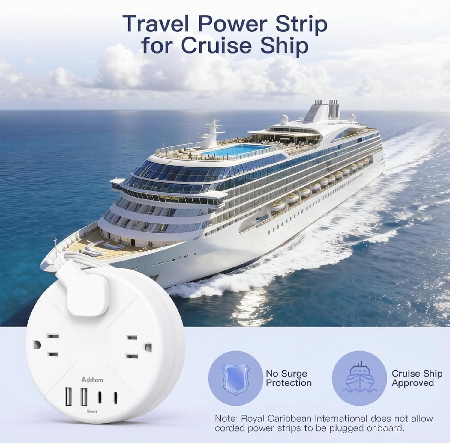 Thumbnail 4 de Addtam Travel Essentials Cruise Approved 7-in-1 Power Strip with Retractable Cord