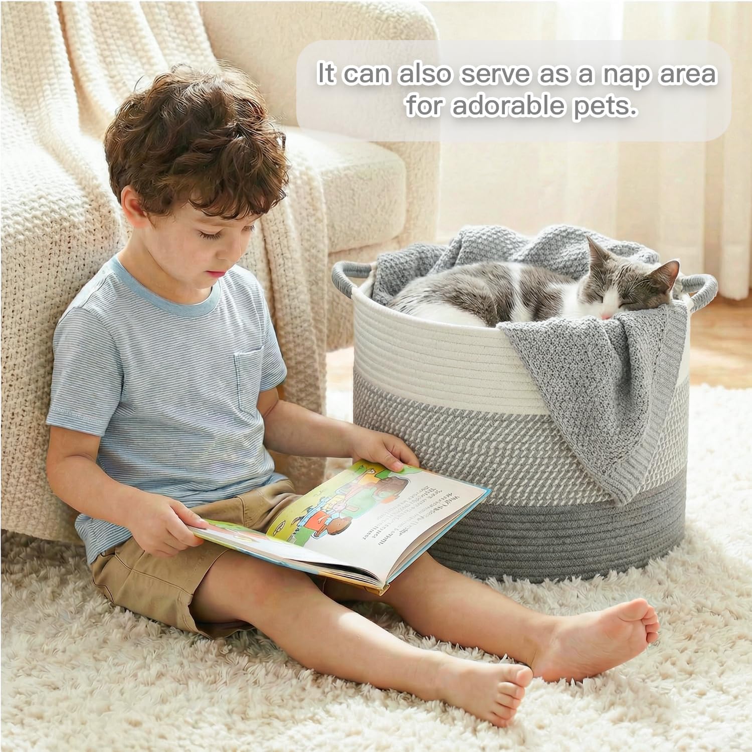 Detalle de Artfeel 70L Cotton Rope Blanket Basket, Machine-Washable with Reinforced Handles