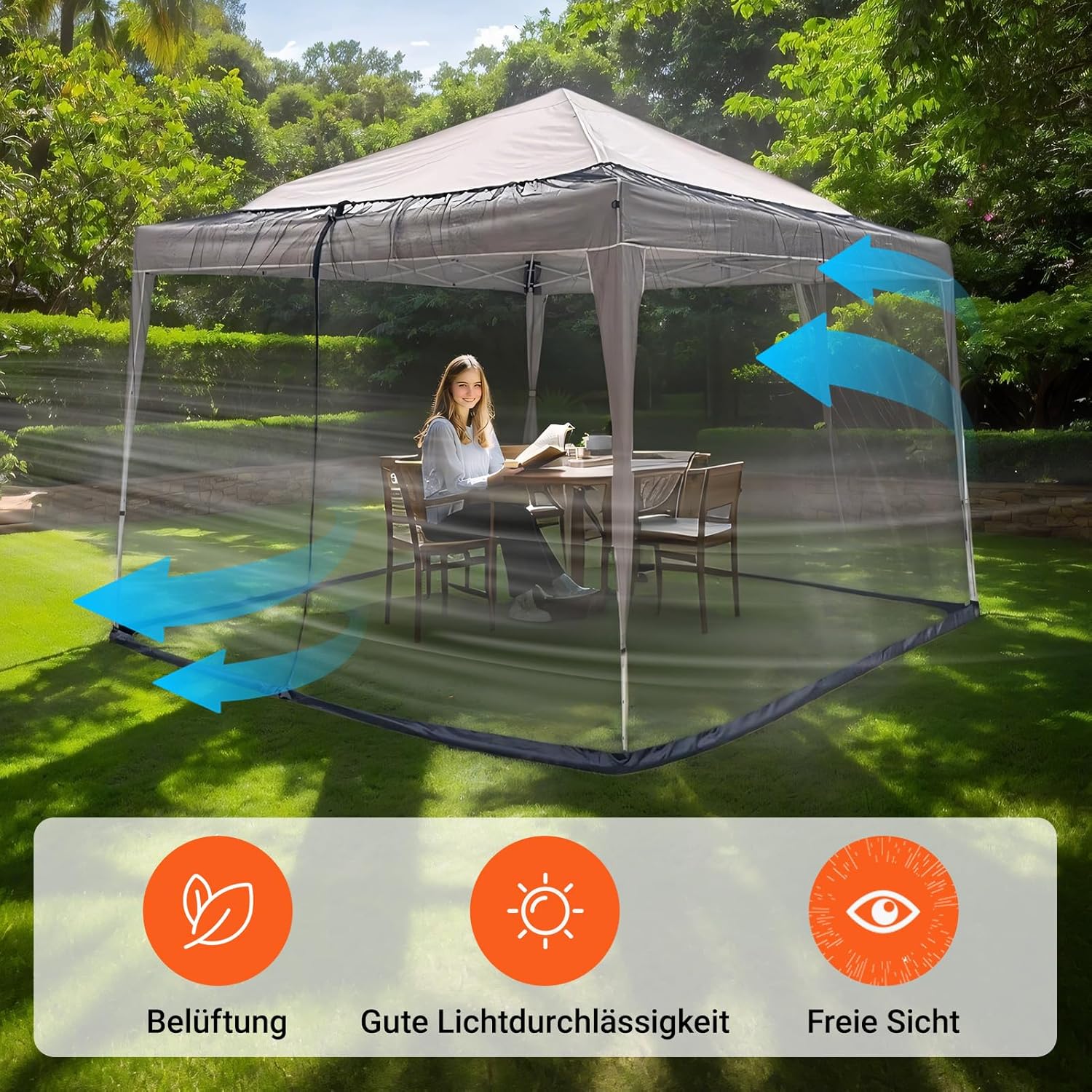 Detalle 2 de Moustiquaire pour tonnelle 3x3m avec deux portes et base d'eau – filet anti-insectes noir