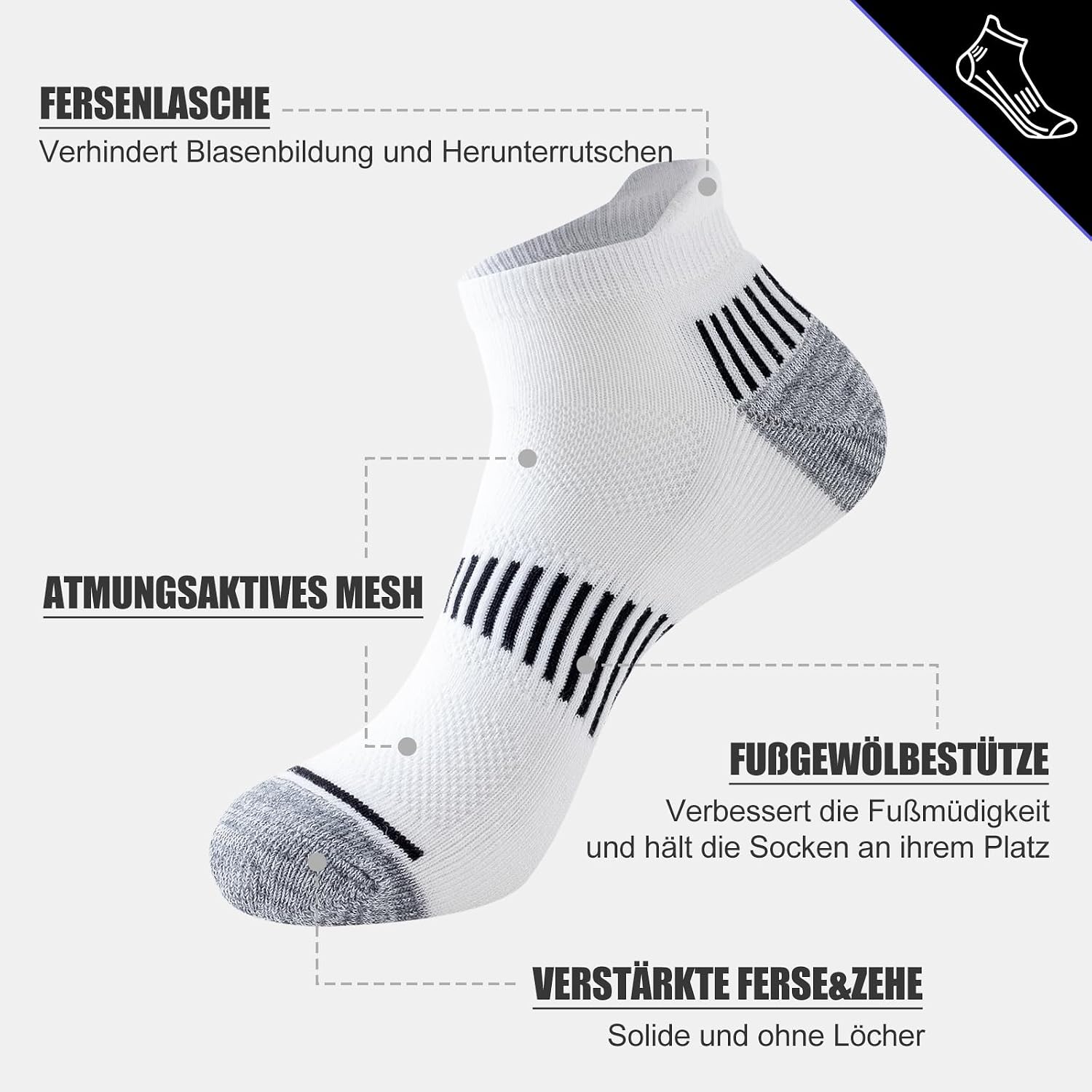 Detalle 2 de Niorasen Sneaker Socken Herren 37-50 – Gepolsterte, atmungsaktive Sportsocken im 6-Paar-Set