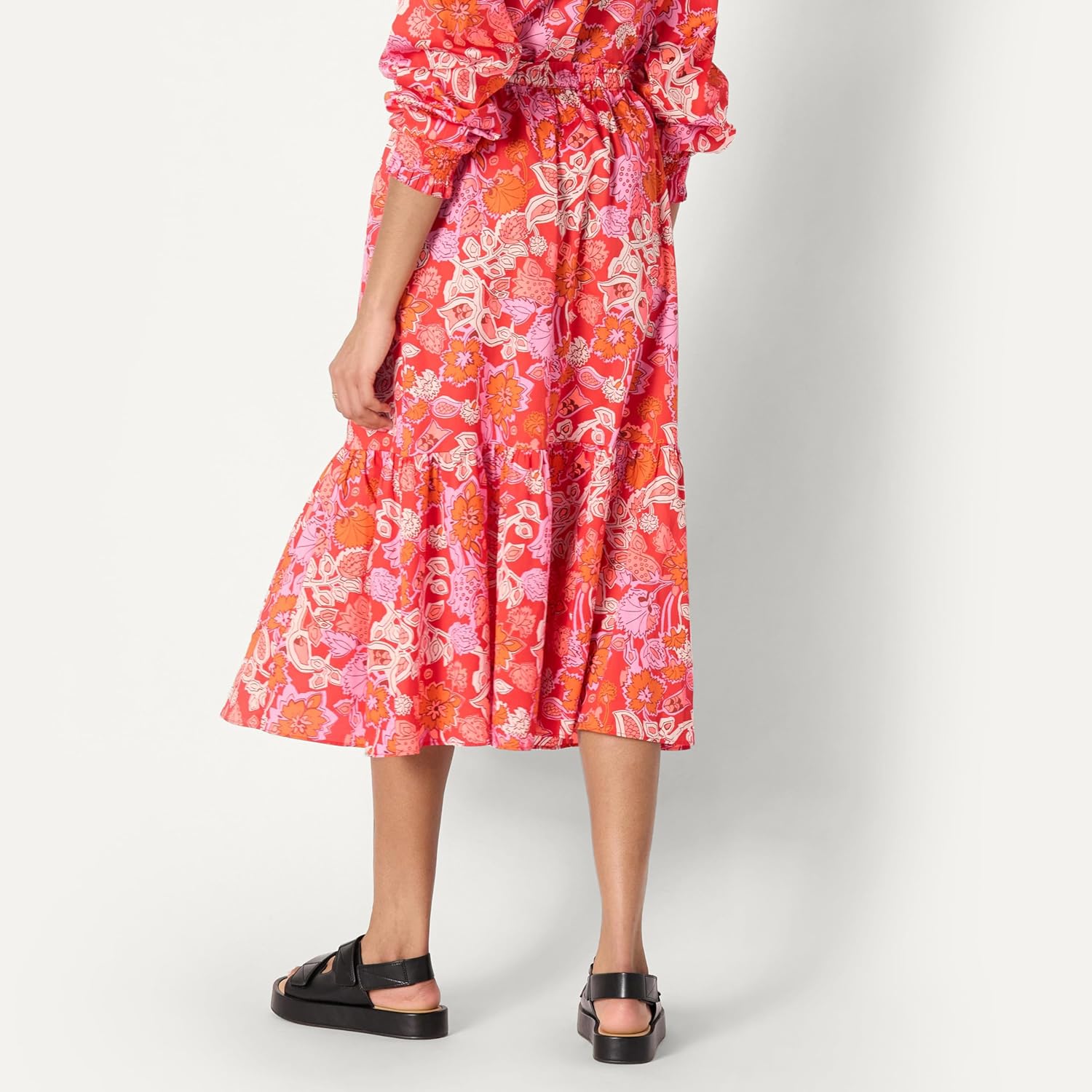 Detalle 2 de Amazon Essentials Damen Mid-Rise A-Linie Baumwollsatin Midi-Rock mit Stufenvolumen