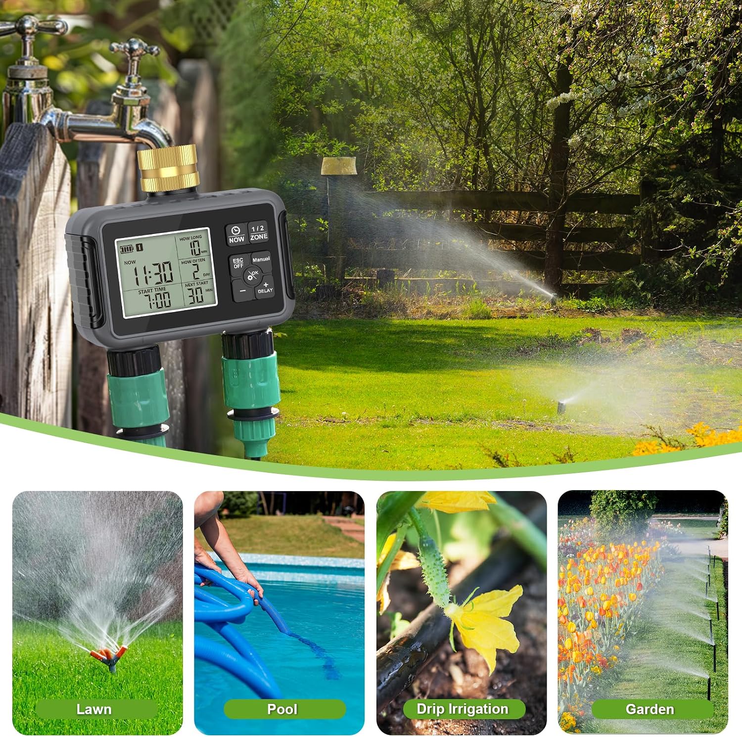 Detalle de RIOGOO Timer rubinetto da giardino esterno con 2 Outlet: irrigazione automatica e ritardo pioggia