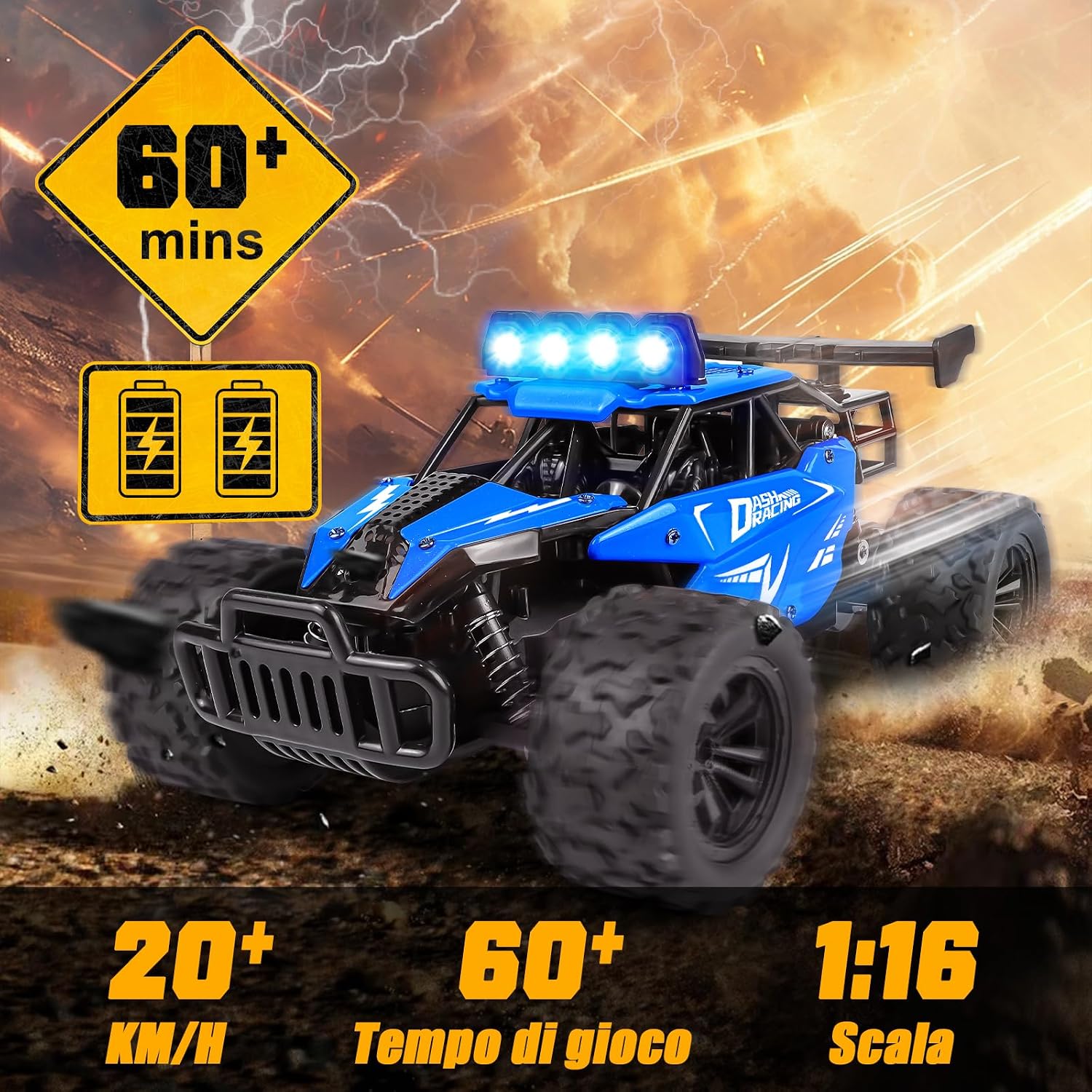 Detalle 2 de Joellfuner Monster Truck radiocomandato 2,4 GHz 1:16 con luci LED a quattro colori (blu)