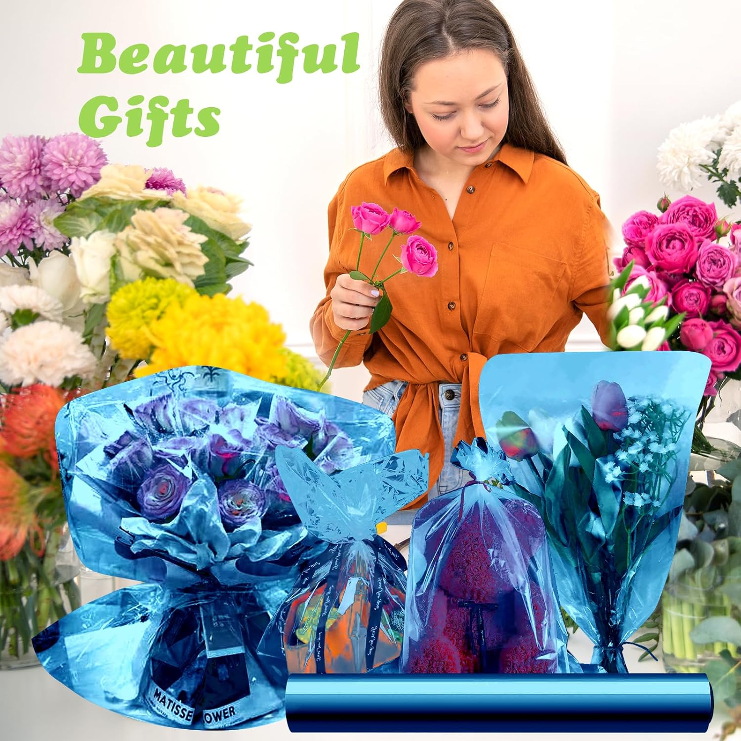 Thumbnail 6 de 43 cm x 30 m blaue Klarsicht-Cellophanfolie (3 Mil) – transparente Geschenkverpackung für Körbe, Blumen und Snacks