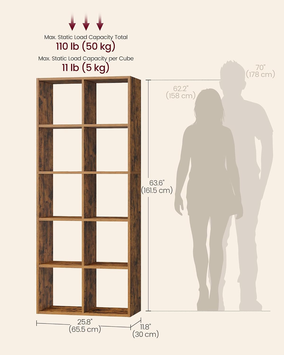 Thumbnail 2 de VASAGLE LBC168K01 10-Cube Bookcase, Rustic Brown Industrial Shelving Unit