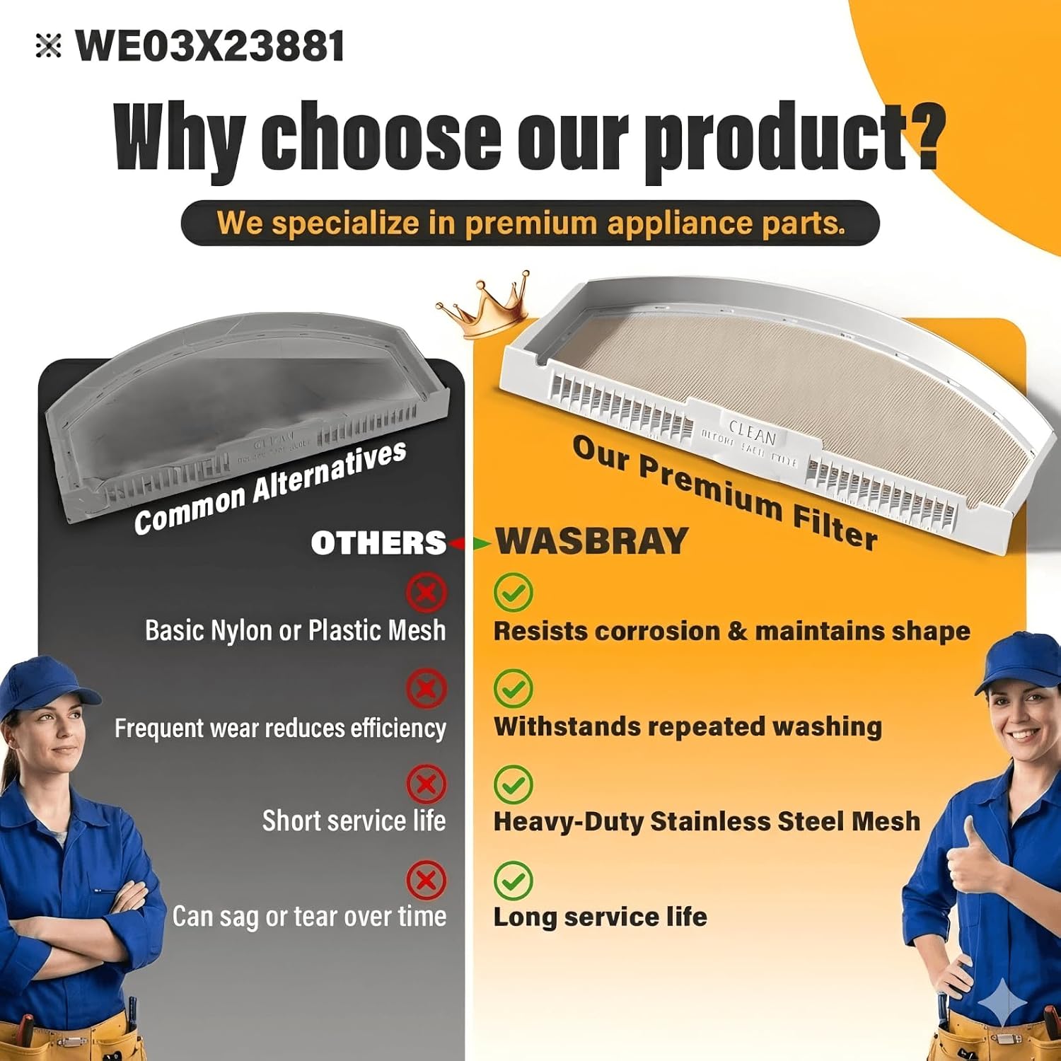Detalle de WASBRAY WE03X23881 Dryer Lint Trap Filter, 2-Pack with Cleaning Brush