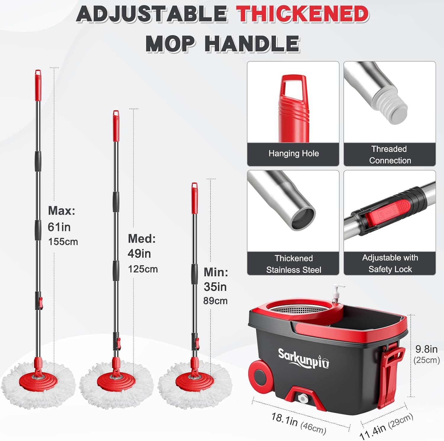 Detalle de Sarkunpio Mop and Bucket Set with Wringer: 61-Inch Spin Mop System with 6 Microfiber Heads