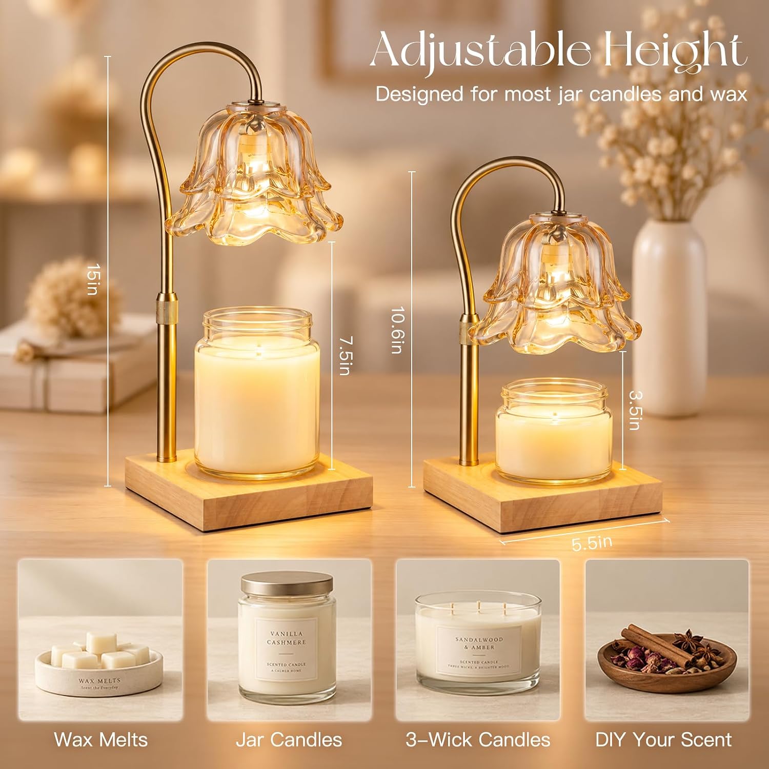 Detalle de Candeldo Candle Warmer Lamp with Timer, Gold Flower Glass Shade, Dimmable