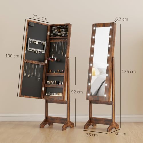 Detalle de HOMCOM Specchio Portagioie con Luce LED – 36x30x136 cm, Marrone Rustico