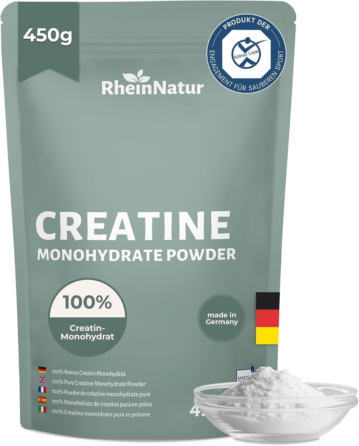 Detalle de RheinNatur RN-CREATIN-450G creatinemonohydraat, 450 g, gemicroniseerd en smaakloos