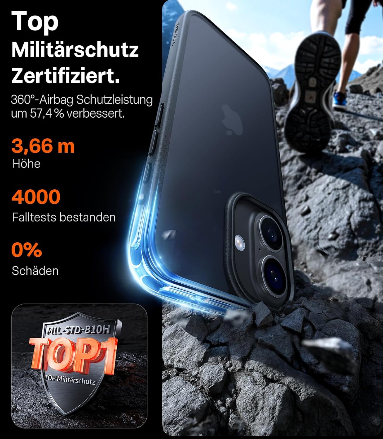 Detalle 2 de TORRAS Guardian Schutzhülle für iPhone 17 mit Kameratastenschutz – stoßfest, 9H+ kratzfest, transluzente Rückseite (matt schwarz)