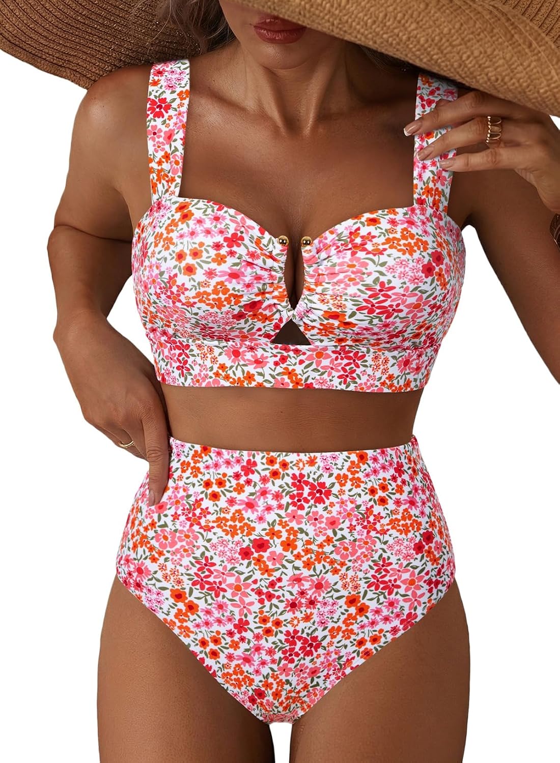 Detalle de Herseas Women's 2 Piece U Wire Cutout Bikini Sets – Floral Print, High Waisted Swimwear (2026 Summer)