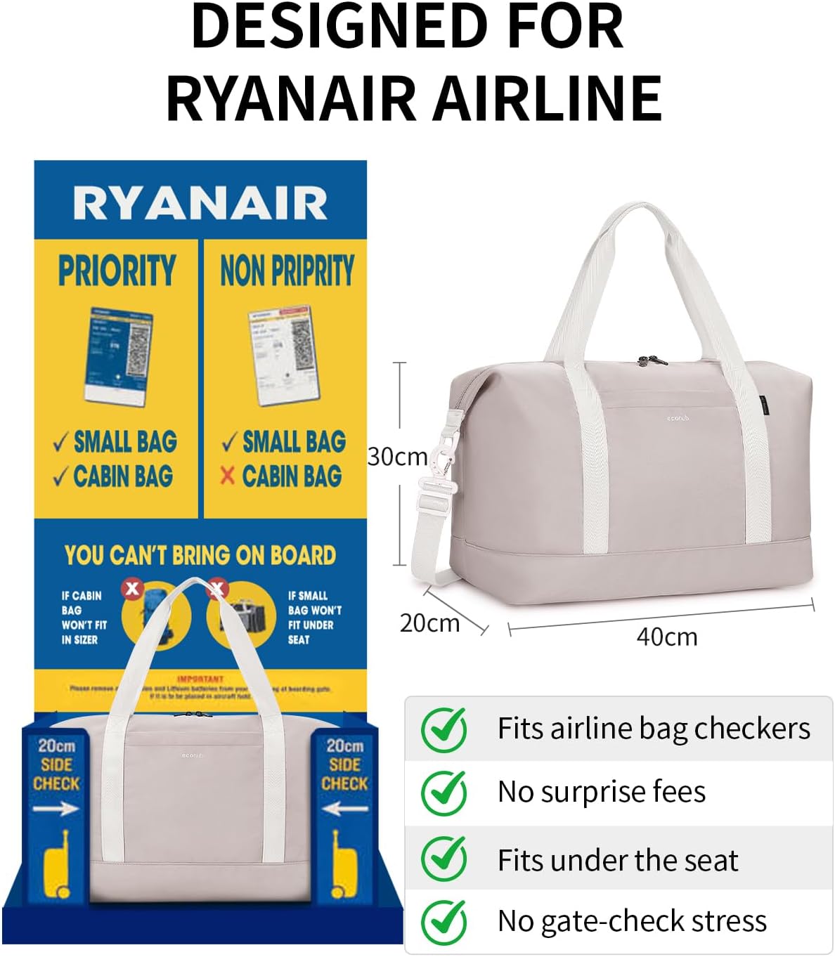 Thumbnail 1 de ECOHUB Ryanair Handgepäck Tasche 40x30x20 cm (20 L) mit herausnehmbarer Nass-Tasche