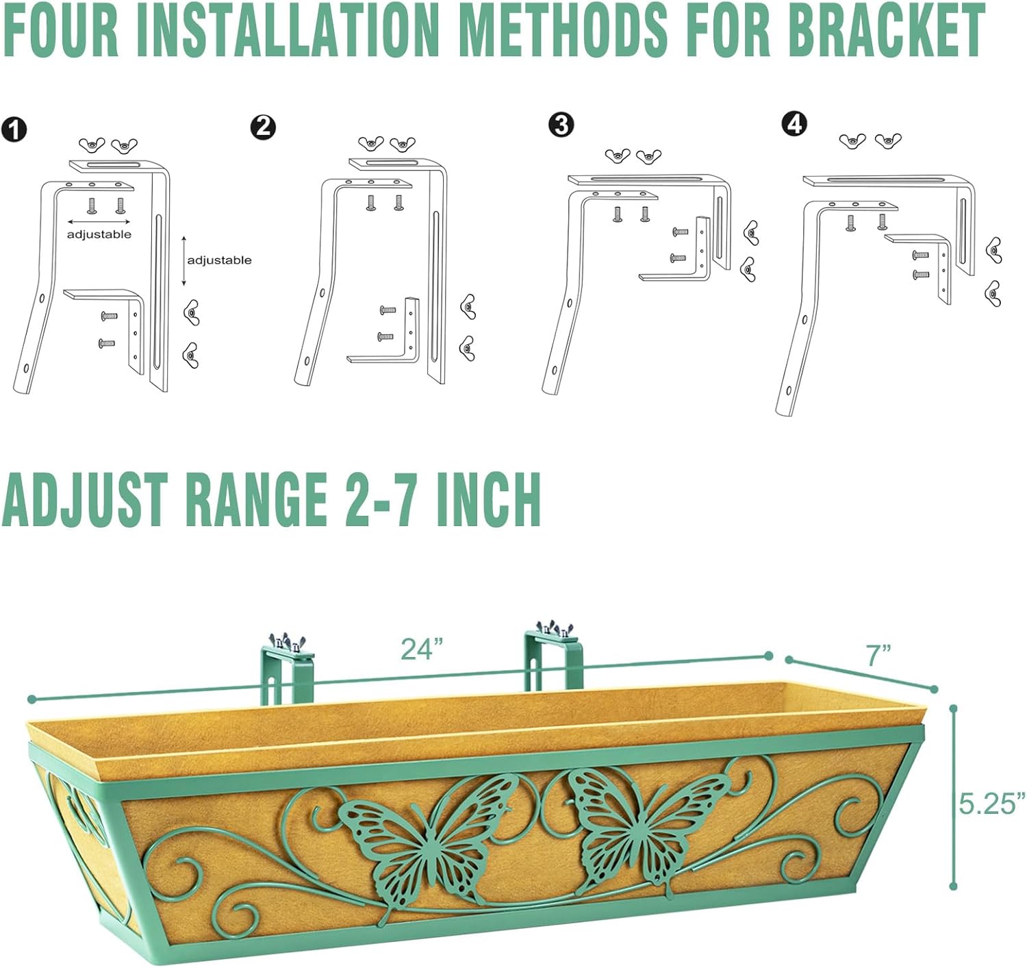 Detalle de 2 Pack 24-Inch Window Boxes Planter with Adjustable Brackets — Horse Trough Style, Butterfly Pattern