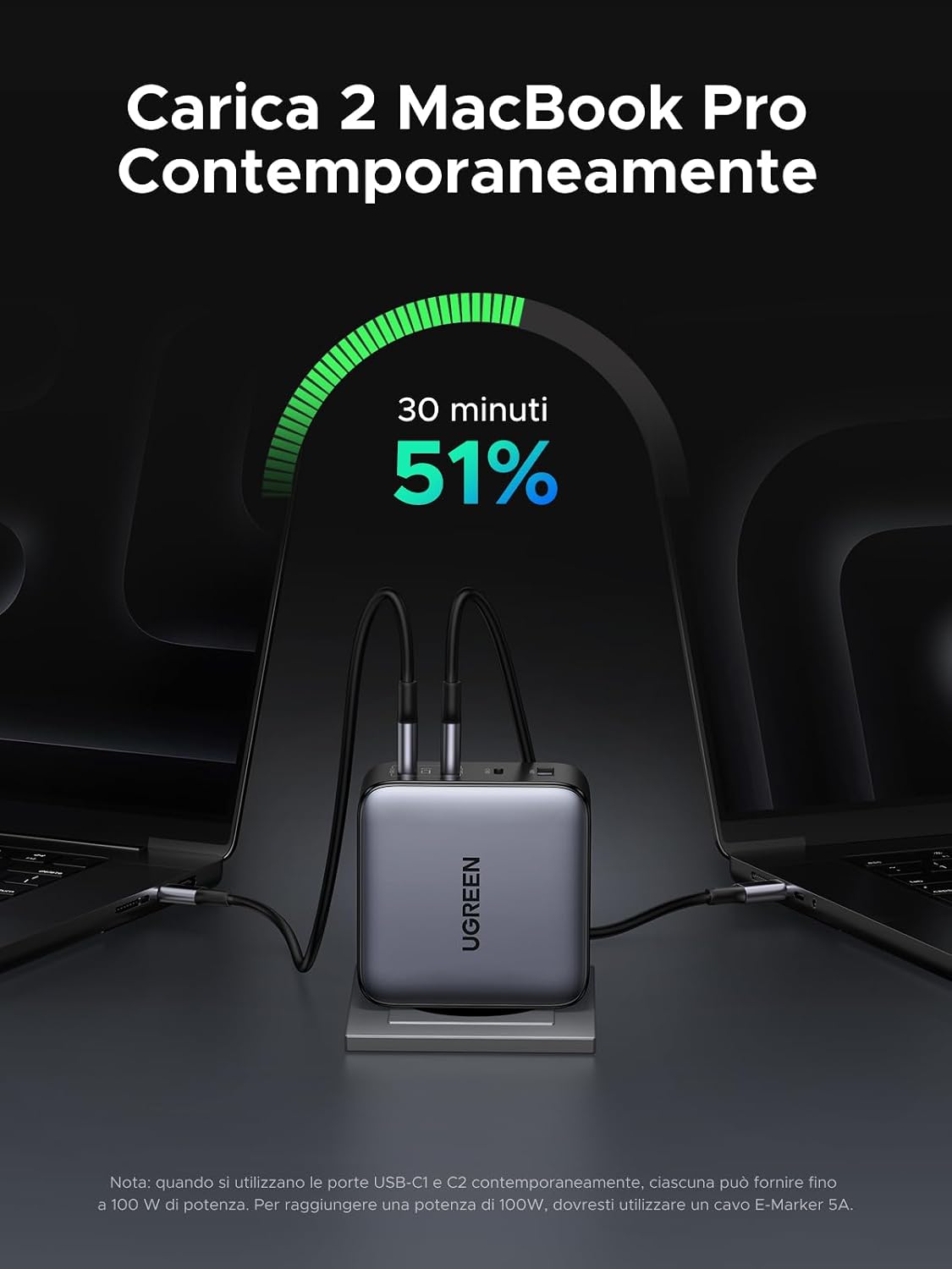 Detalle de UGREEN Nexode 200W caricatore USB-C con GaN 3 porte USB-C + USB-A, PD 3.1 fino a 140W