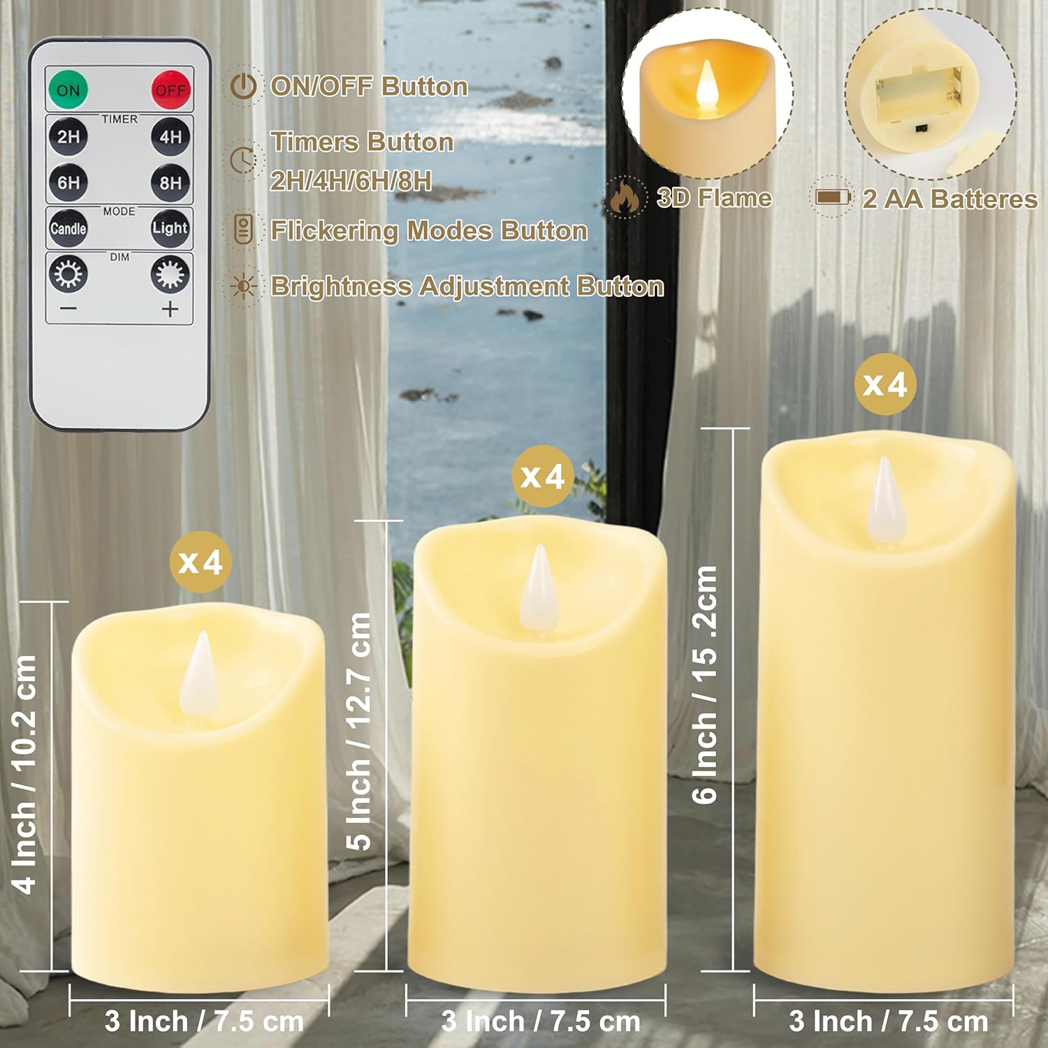 Thumbnail 1 de Auralome LED Battery Operated Candles – 12-pack Ivory Pillar Candles with Remote, Timer and Flicker