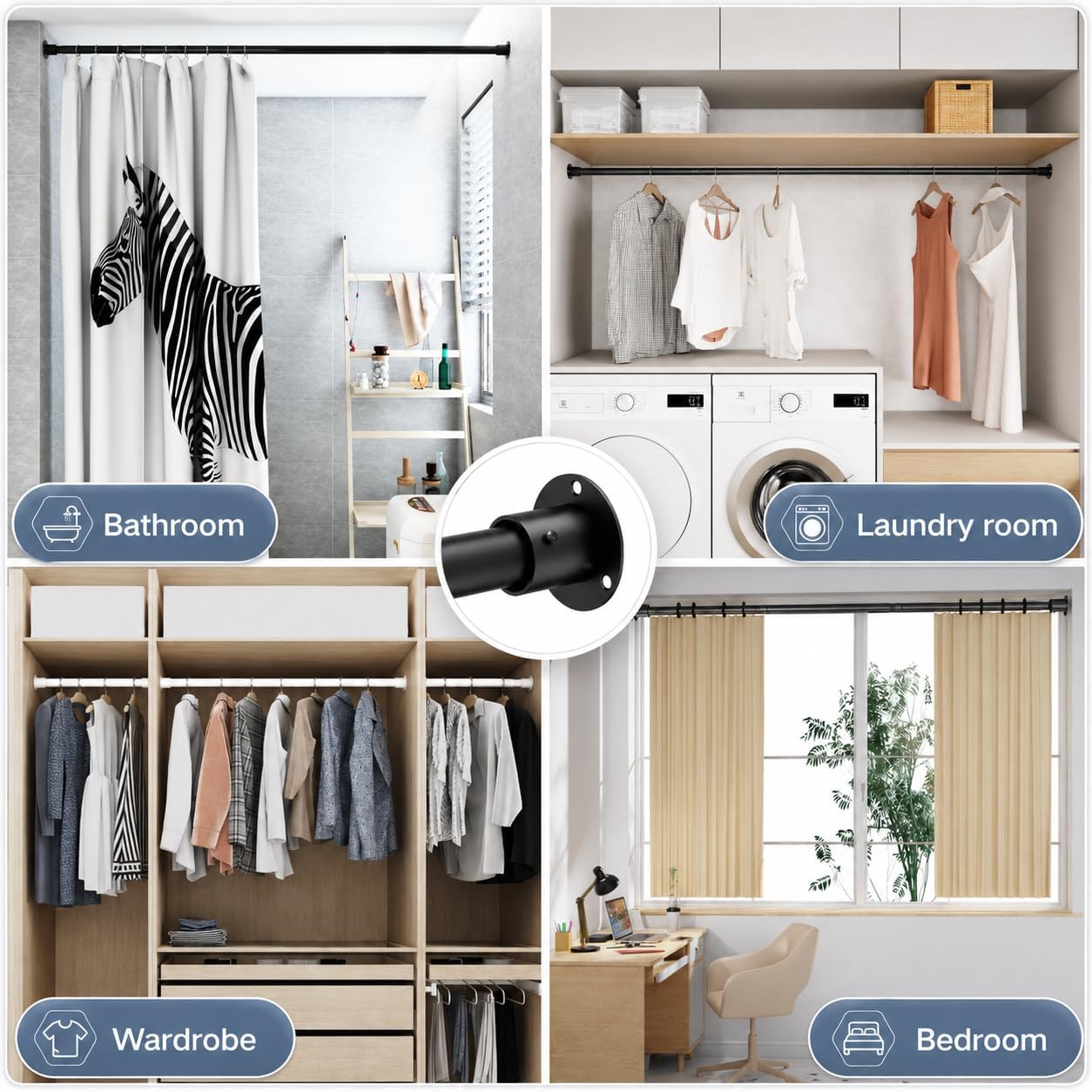 Detalle de GDEVKHN Adjustable Wardrobe Rail, 65–90 cm, 32 mm Metal, White