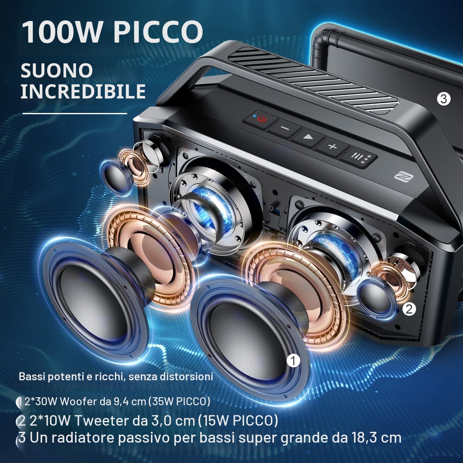 Detalle de W-KING D9-1: Altoparlante Bluetooth da 60 W, portatile, impermeabile IPX6 e con 40 ore di autonomia