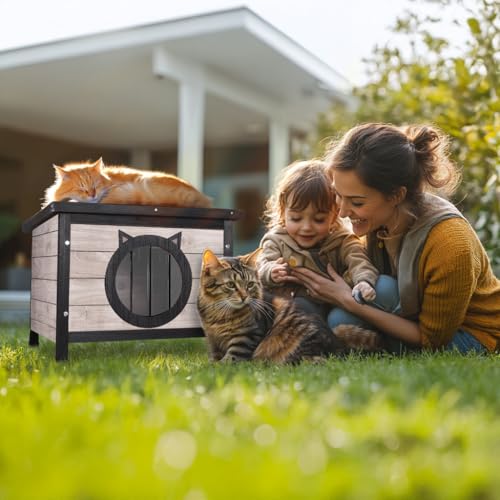 Thumbnail 6 de VOUNOT Casetta per Gatti in Legno con Porta Design Orecchie di Gatto, 57 x 45 x 43 cm, Grigio – Cuccia da Esterno con Porta e Tetto