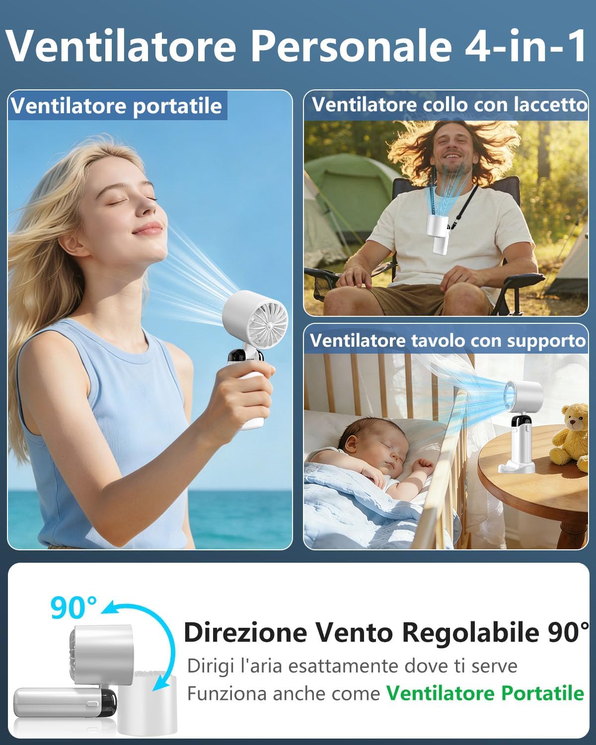 Detalle de Ventilatore da Tavolo Silenzioso con Rotazione 360° e Display LED – 4000mAh, Regolazione Continua 1–100, Autonomia fino a 17 Ore