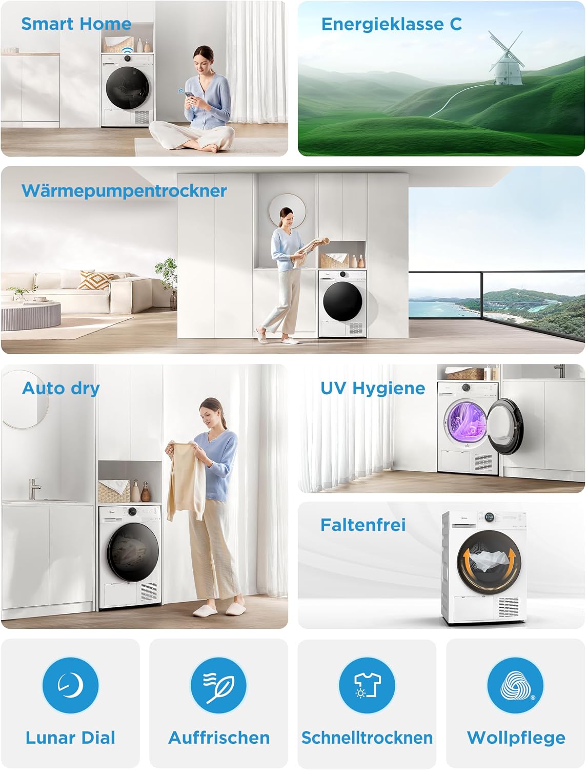 Detalle de Midea Wärmepumpentrockner 8 kg MD20EH80WB-A3 – Energieklasse C, Fernsteuerung