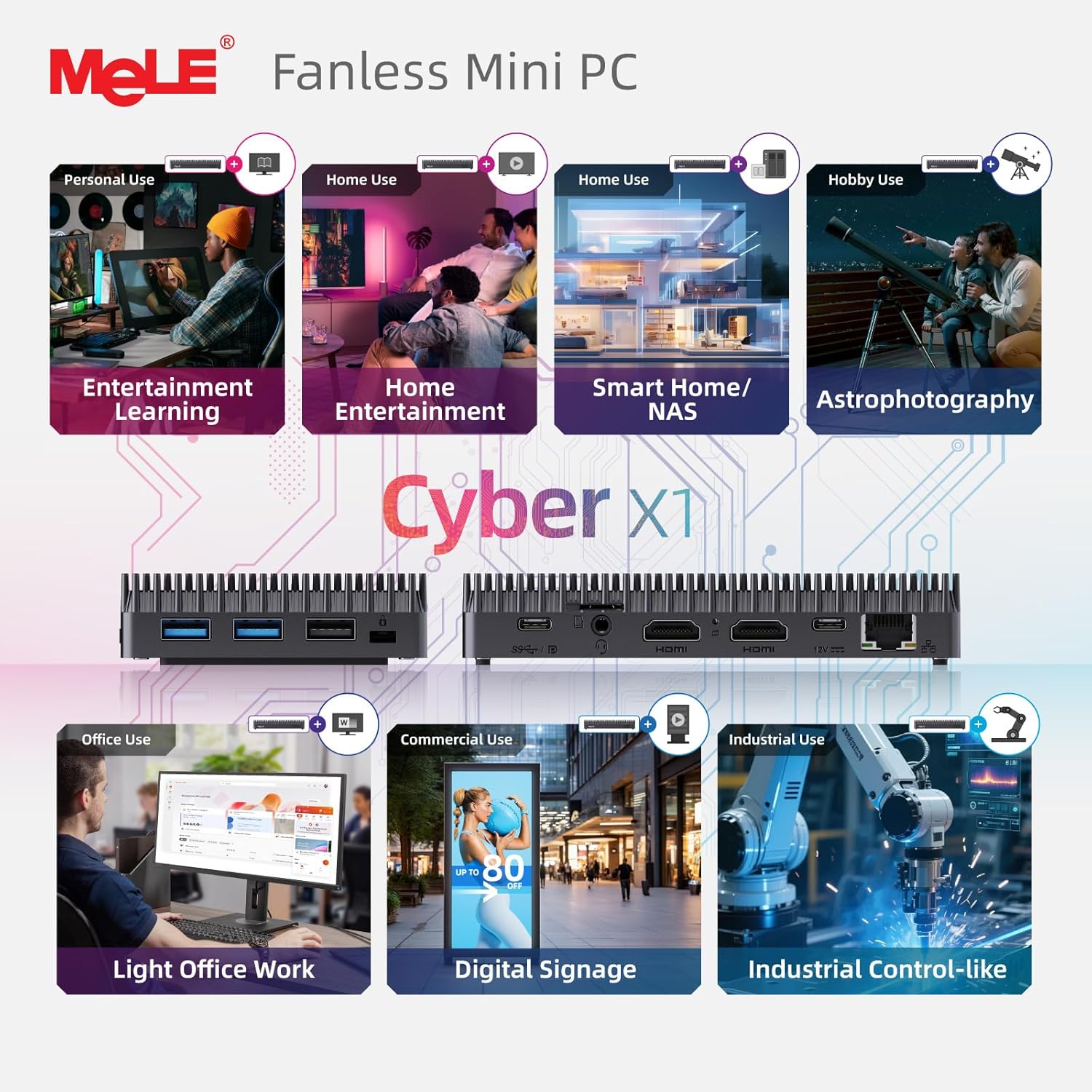 Thumbnail 6 de MeLE Cyber X1 Fanless Mini PC (N150, 8GB RAM, 256GB storage) with dual HDMI 2.0 and USB-C PD 3.0