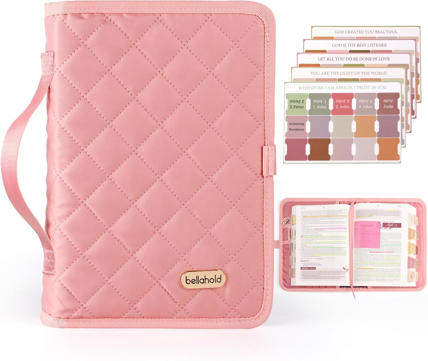 Detalle de BellaHold Adjustable Bible Cover, Size L, Pink Quilted Case with 75 Tabs