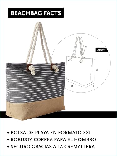 Detalle de DonDon Grande Bolsa de playa repelente al agua con cremallera a rayas negro