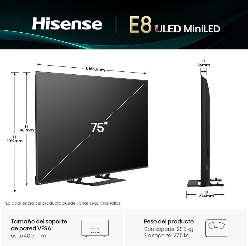 Detalle de Hisense 75E8Q Mini LED 75", 144 Hz, Dolby Atmos