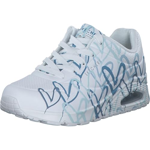 Detalle de Skechers Damen UNO Spread the Love Trainer – Weiß Duraleather mit blauem Herzprint, Größe 38 EU