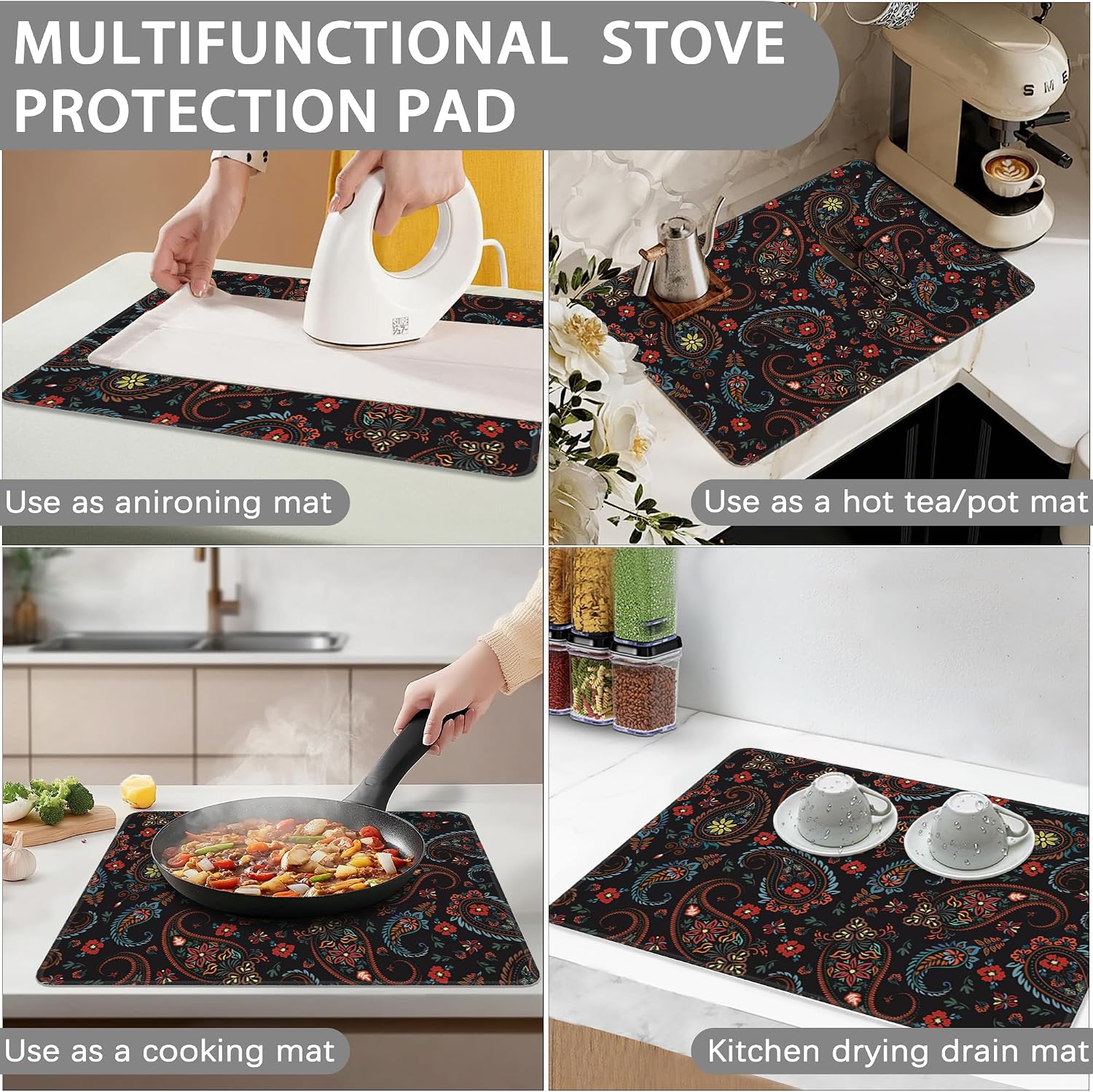 Thumbnail 6 de QYWETHOD Decorative Electric Stove Cover, Paisley Floral Non-Slip Mat, 28.5 x 20.5 in