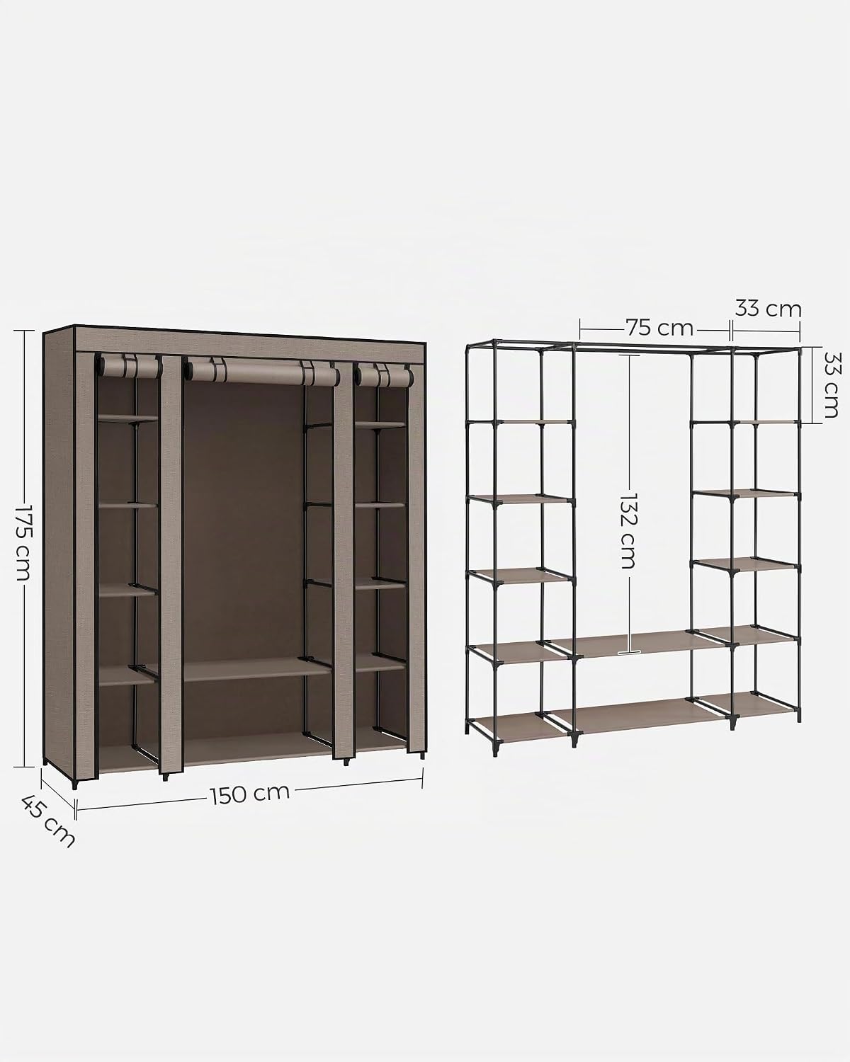 Thumbnail 4 de SONGMICS Kleiderschrank aus Stoff mit Überzug – 45 × 150 × 175 cm, 12 Fächer, Taupe LSF003R02
