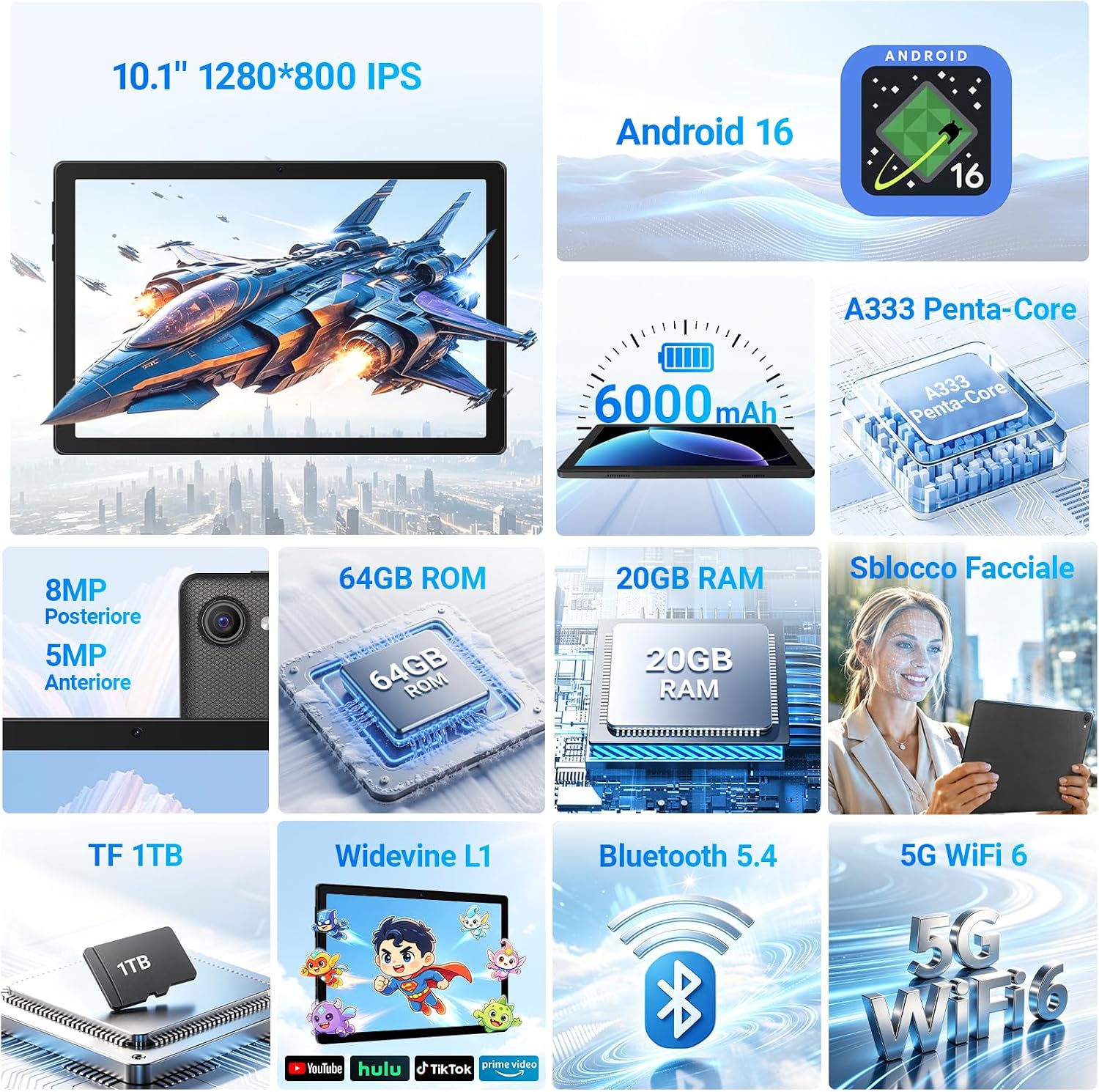 Detalle de Gleeso Tablet Android 16 da 10'' con Tastiera e Accessori: 20GB RAM, 64GB ROM espandibile a 1TB