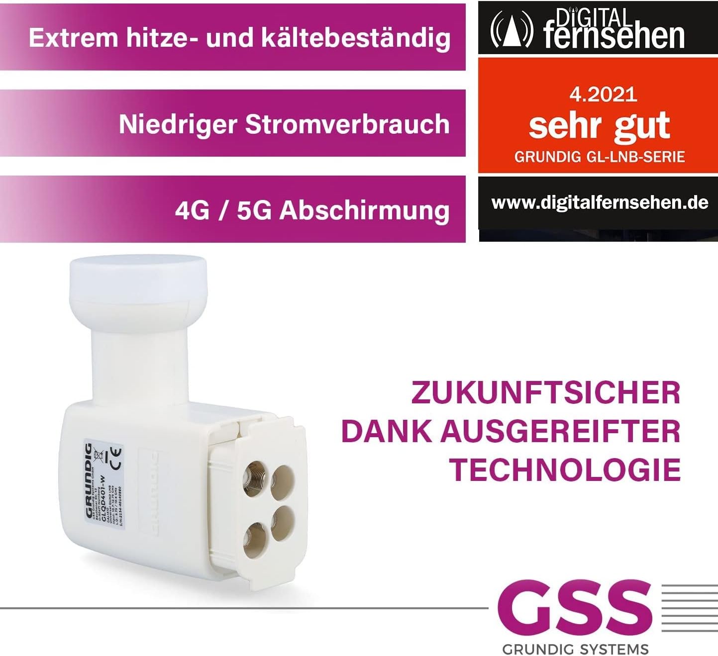Thumbnail 3 de GSS Quad LNB Weiss – Digital 4-fach Quad LNB für Satellitenempfang (4 Teilnehmer) mit LTE-Filter