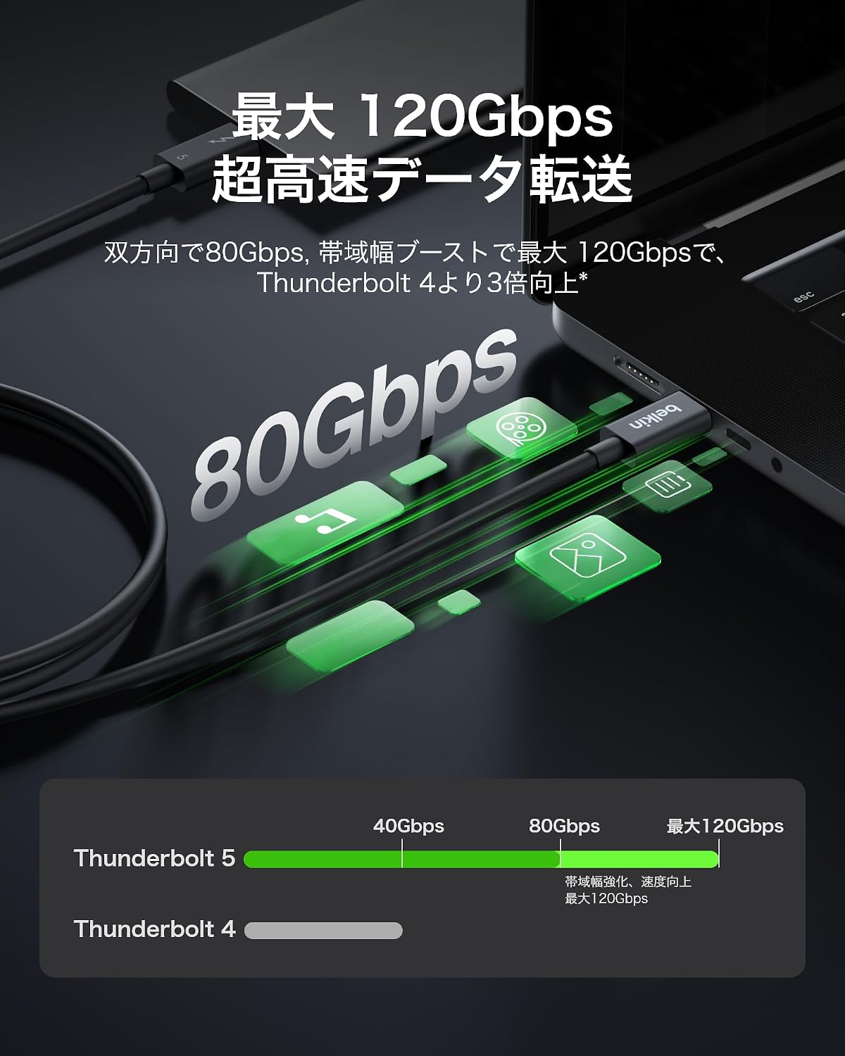 Detalle 1 de Belkin Thunderbolt 5 USB-Cケーブル 1m、最大120Gbps・240W PD・4K/540Hz対応