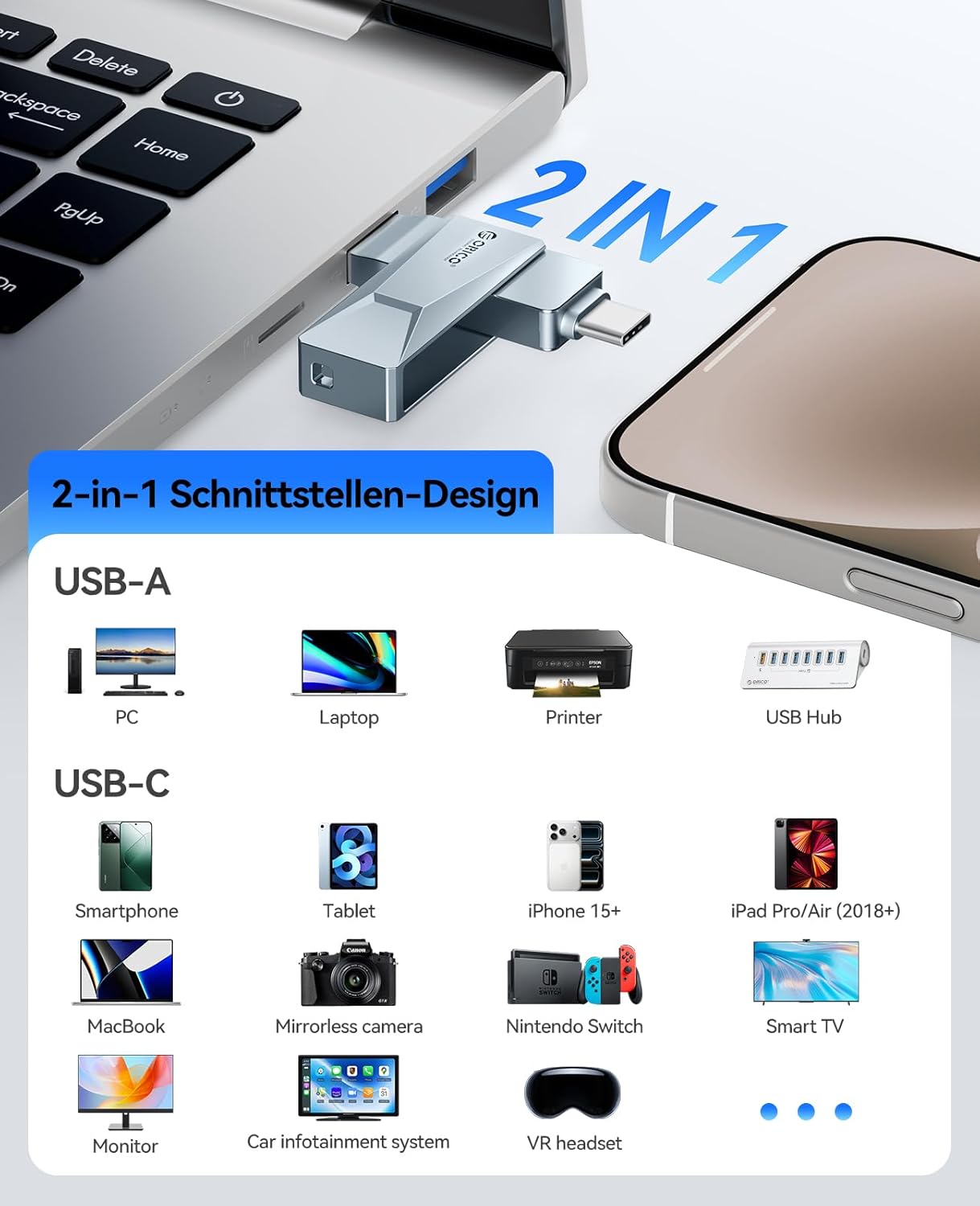 Thumbnail 4 de ORICO USB Stick 128GB USB 3.2 Speicherstick OTG – 2-in-1 USB-C / USB-A, Metallgehäuse, Blau