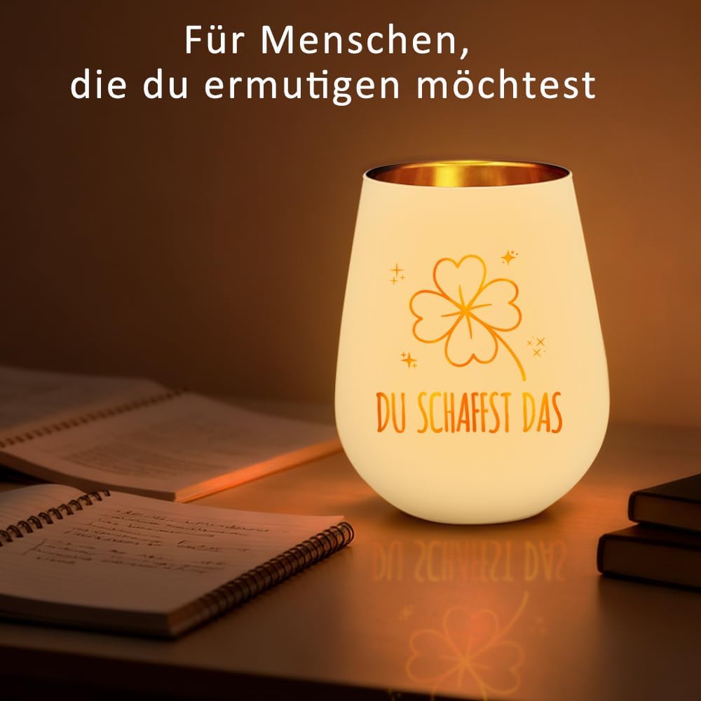 Detalle de Windlicht mit Kleeblatt Gravur & „Du schaffst das“ von LOZACHE – Mutmacher-Glas mit Glückssymbol