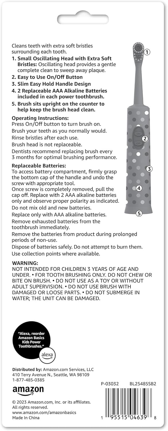 Detalle de Amazon Basics Kids Battery-Powered Toothbrush Set (Ages 4+) — 2 Count