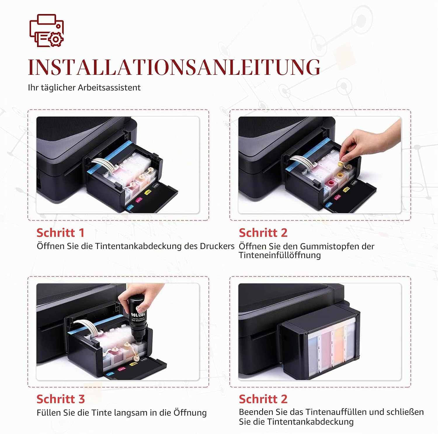 Detalle de Toner Kingdom 104/102 Tinte kompatibel als 4‑Farben-Multipack für Epson EcoTank (für ET-Modelle wie ET-2720, ET-4700 u. a.)