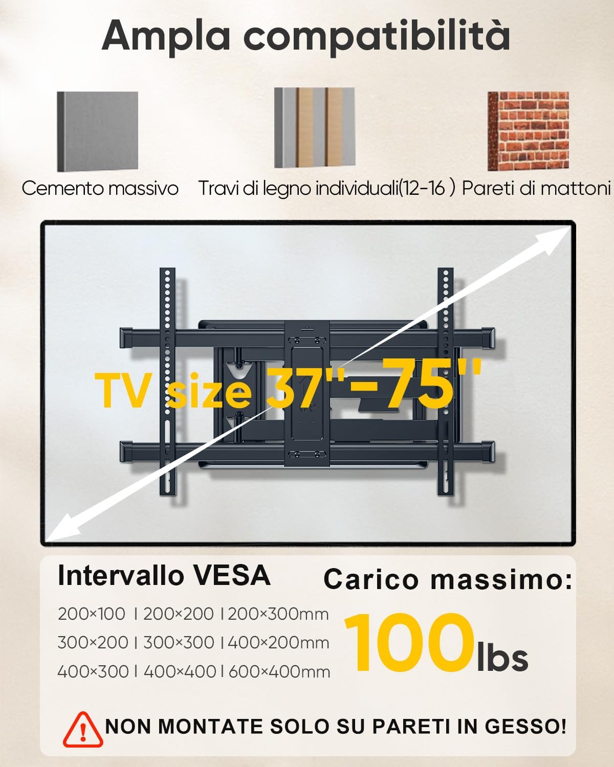 Detalle 2 de Supporto TV a parete 37-75 pollici 45kg