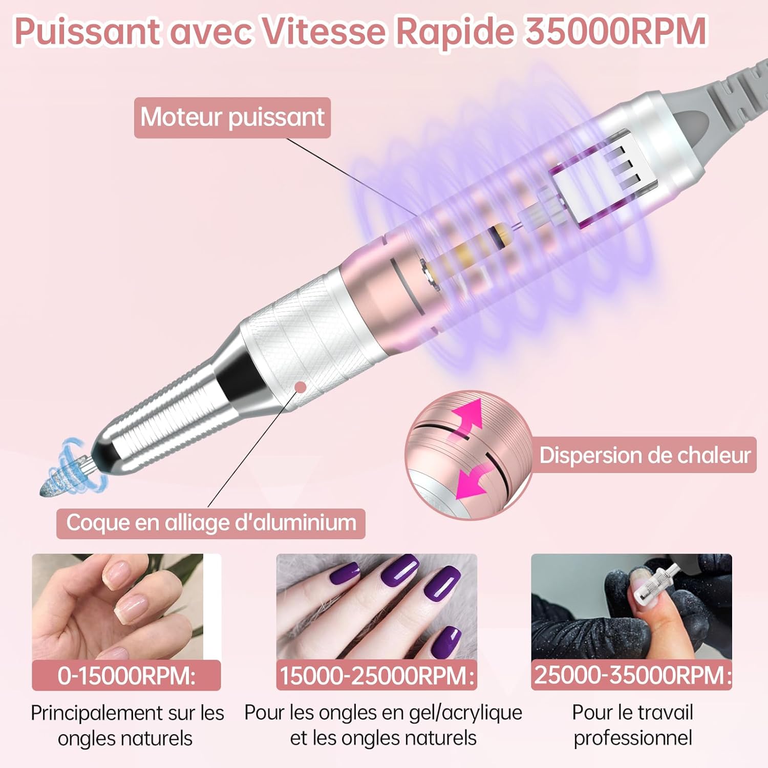 Thumbnail 3 de Delanie Ponceuse pour ongles professionnelle 35 000 tr/min rechargeable avec écran LCD et 6 embouts