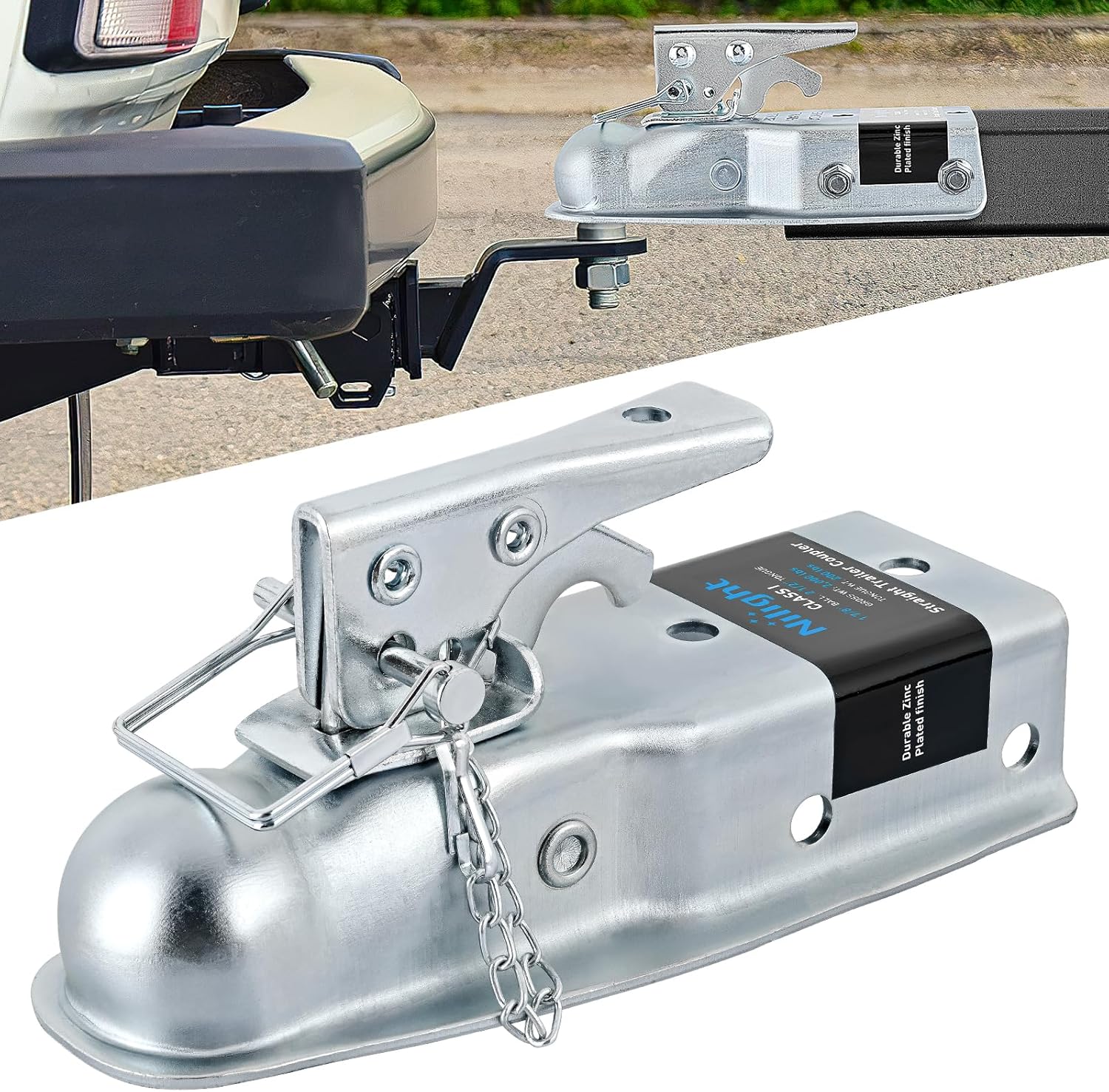 Nilight Straight Trailer Coupler with Safety Latch & Chain for 1-7/8 Inch Hitch Ball (2-1/2 Inch Channel, 2000 LBS)